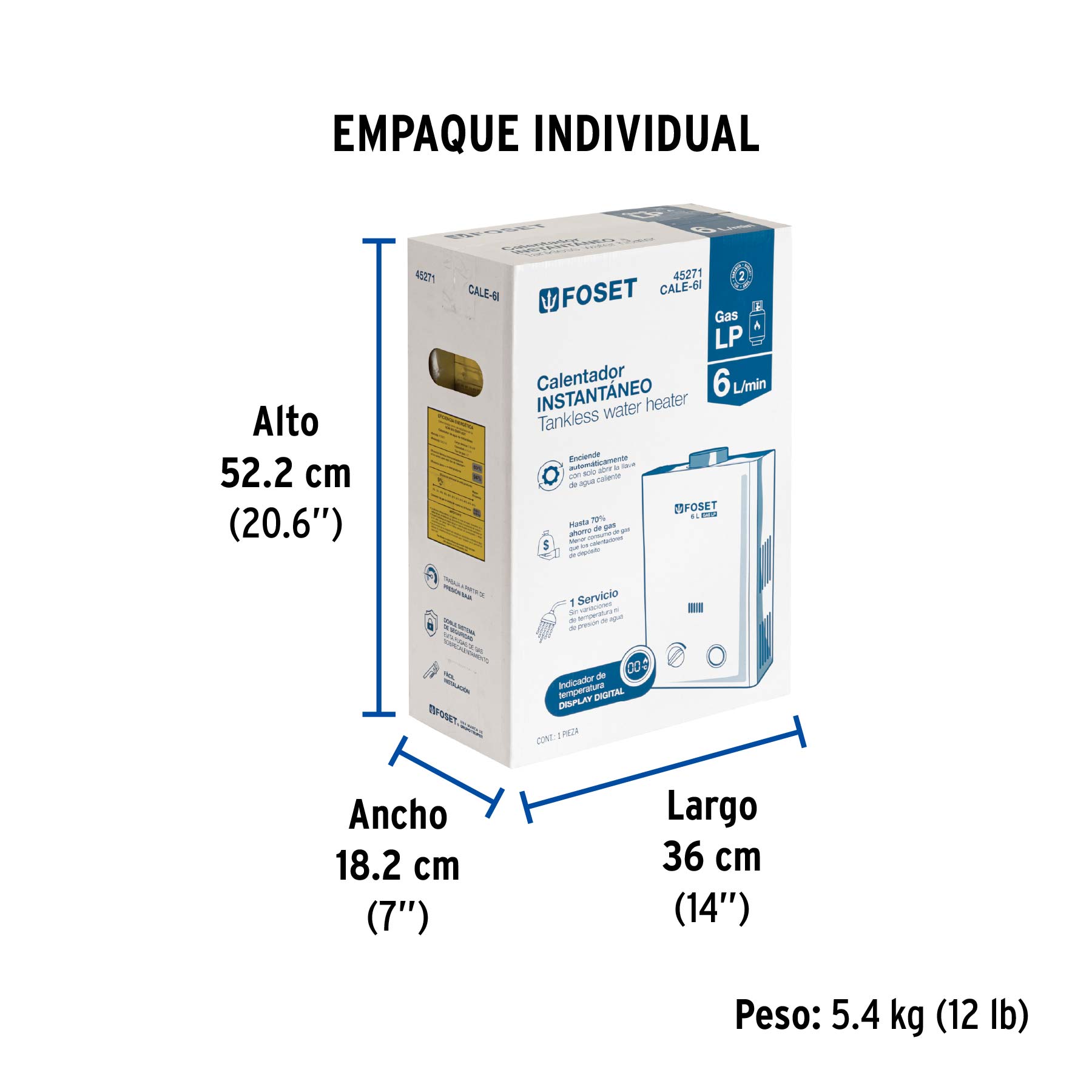 Calentador instantáneo, 6L, 1 servicio, gas LP, FOSET - Empaque