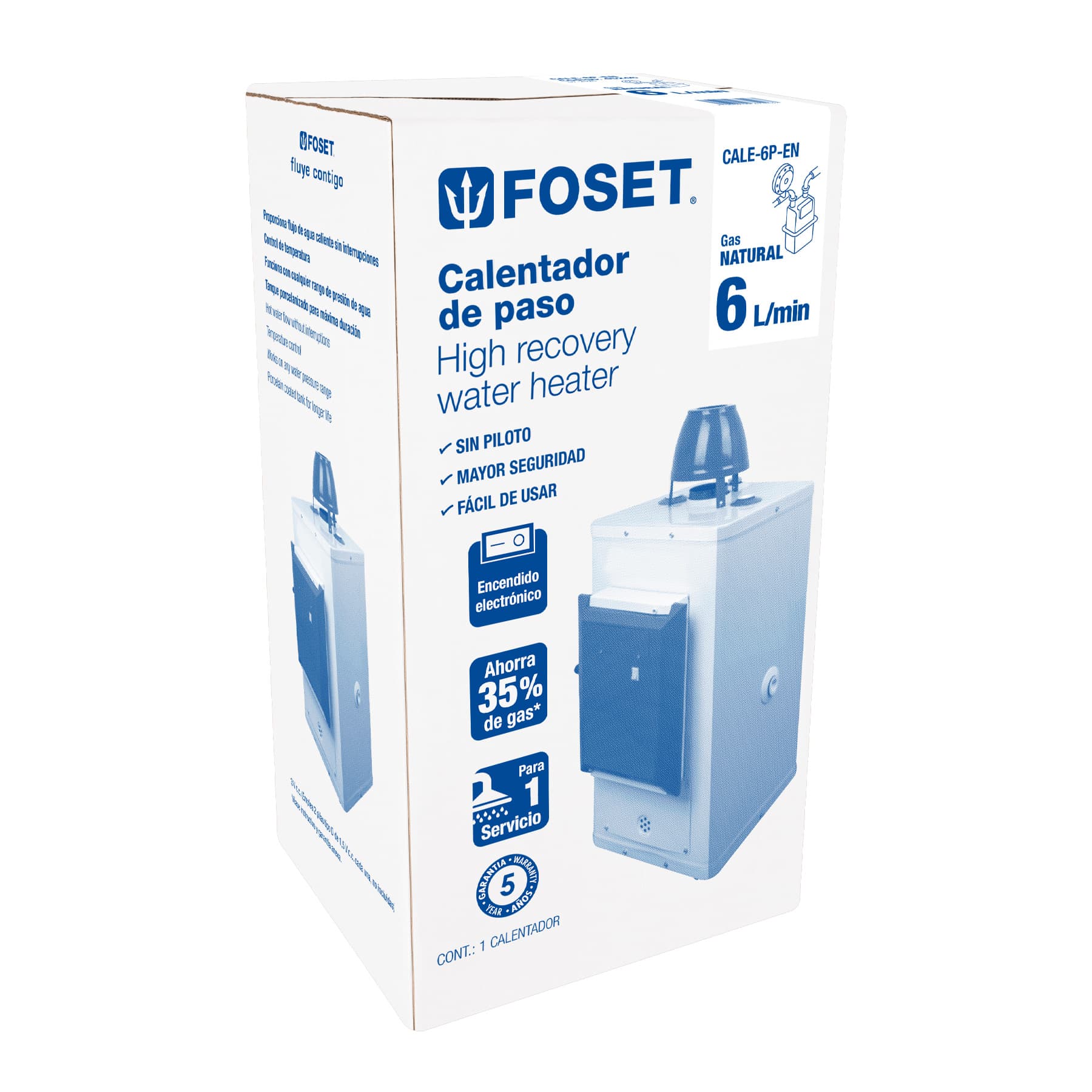 Calentador de paso, electrónico 6L, 1 servicio,gas nat FOSET