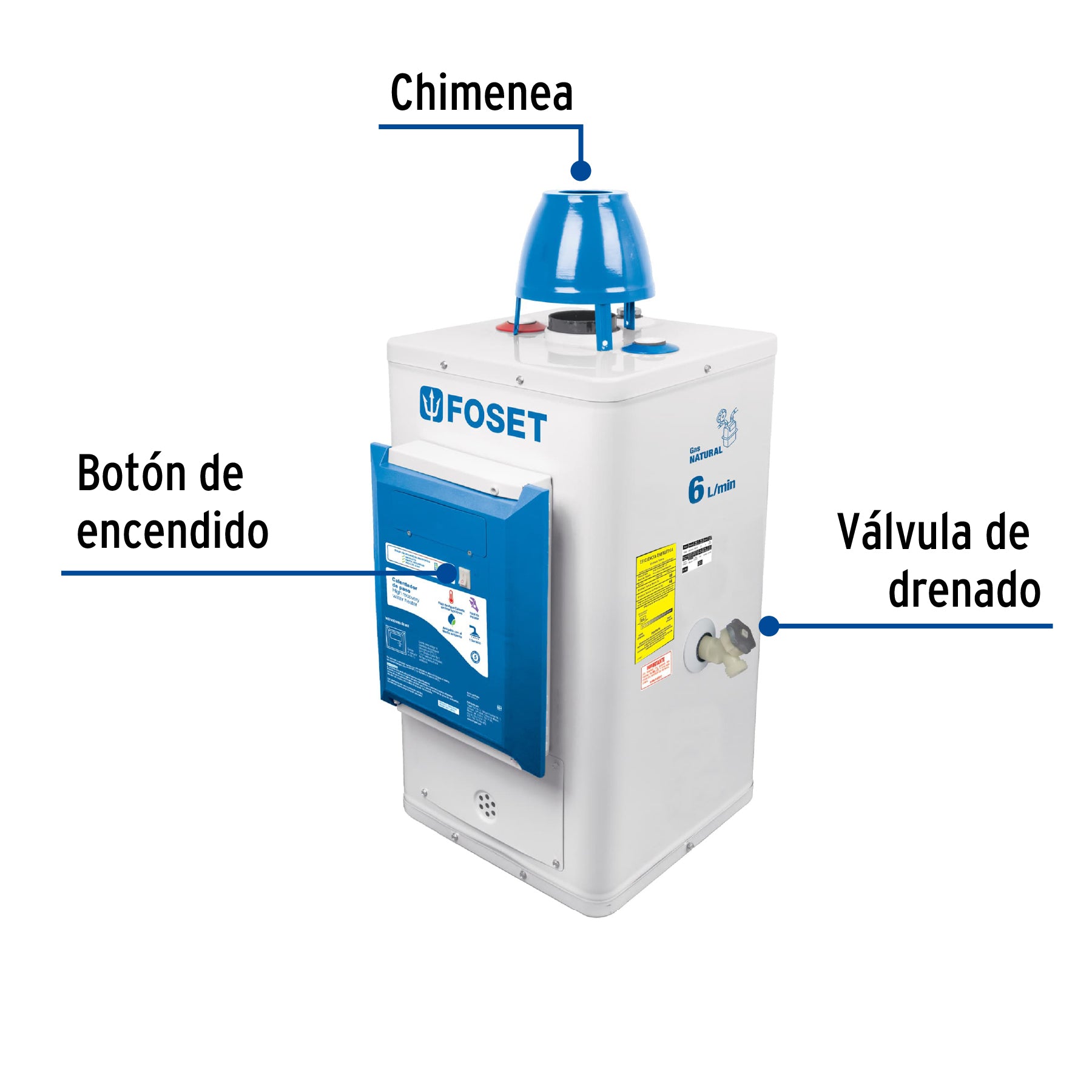 Calentador de paso, electrónico 6L, 1 servicio,gas nat FOSET
