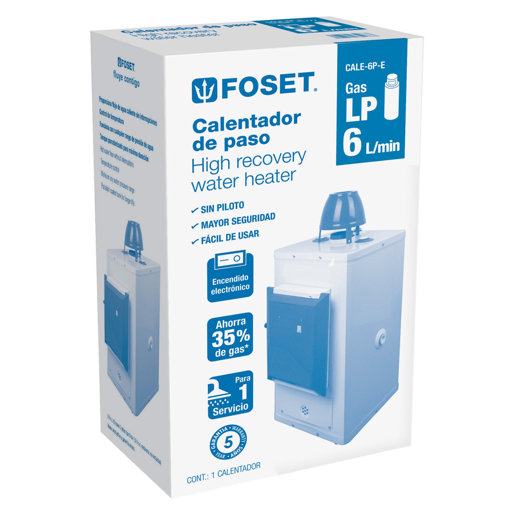 Calentador de paso, electrónico 6L, 1 servicio,gas LP, FOSET