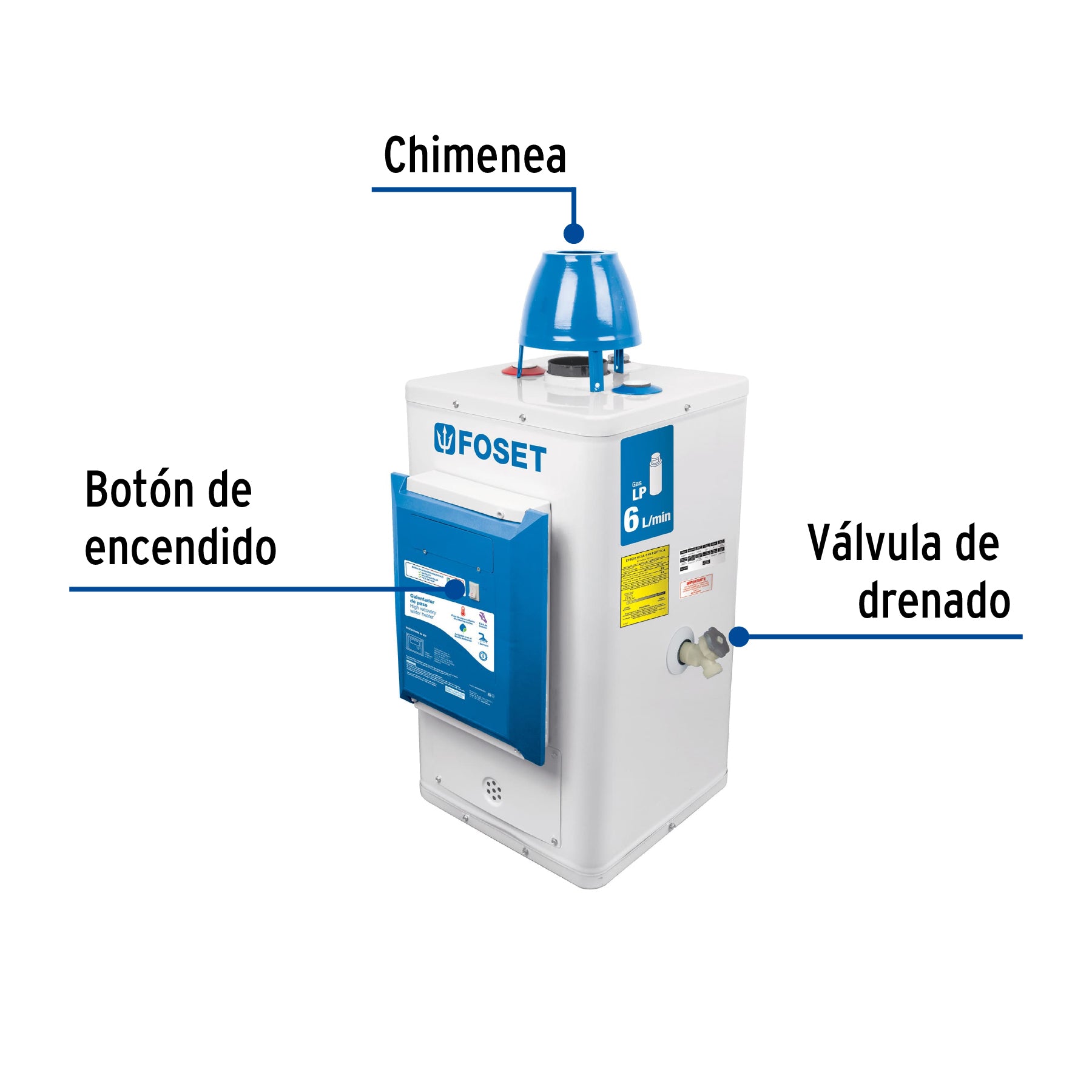 Calentador de paso, electrónico 6L, 1 servicio,gas LP, FOSET