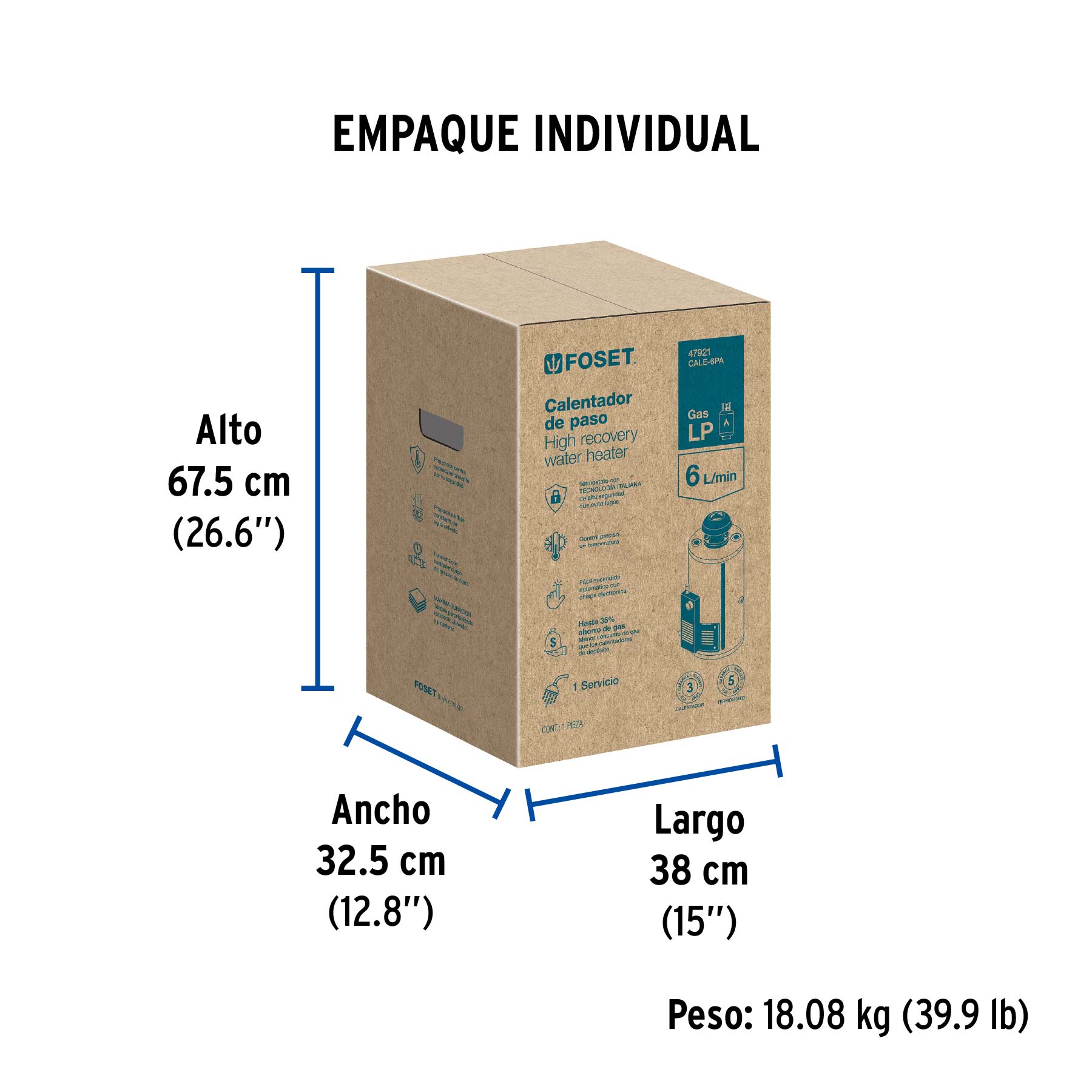 Calentador de paso, rápida recup, 6L, 1 serv, gas LP, FOSET - Empaque