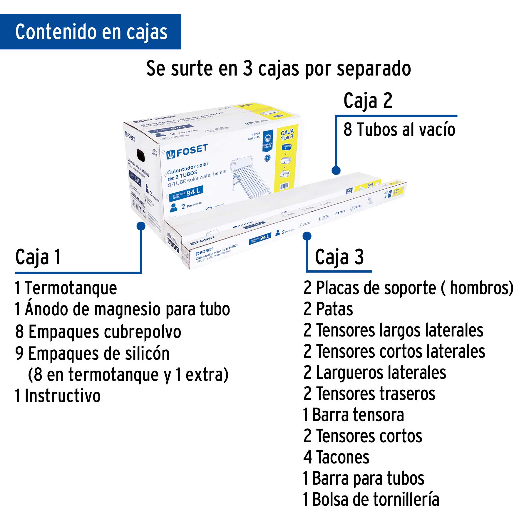 Calentador solar de agua, 8 tubos, 94L, 2 personas, FOSET
