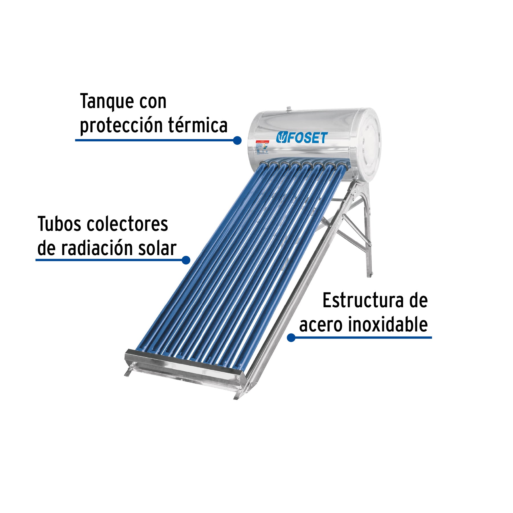 Calentador solar de agua, 8 tubos, 94L, 2 personas, FOSET