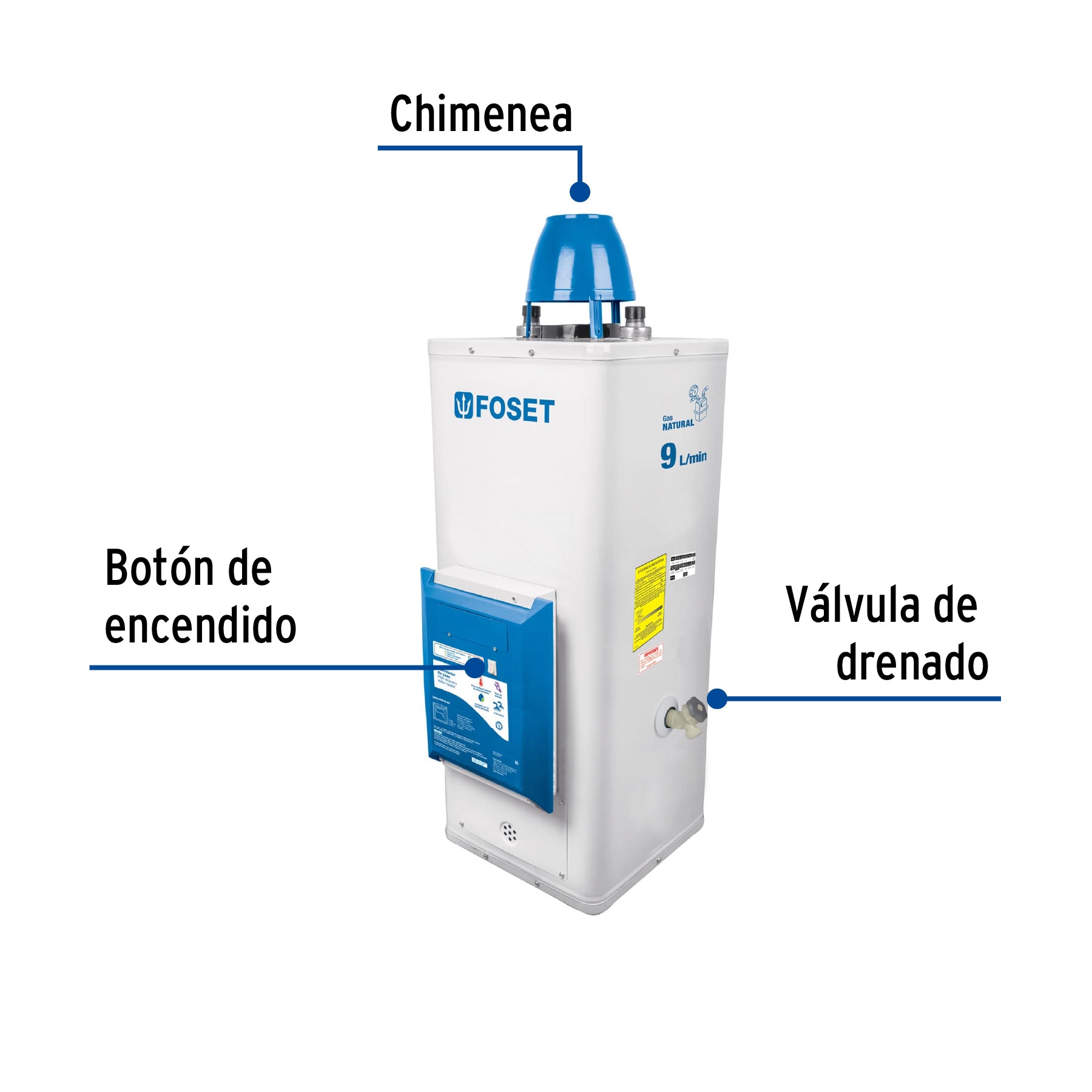 Calentador de paso, electrónico, 9L, 2 serv, gas nat, FOSET