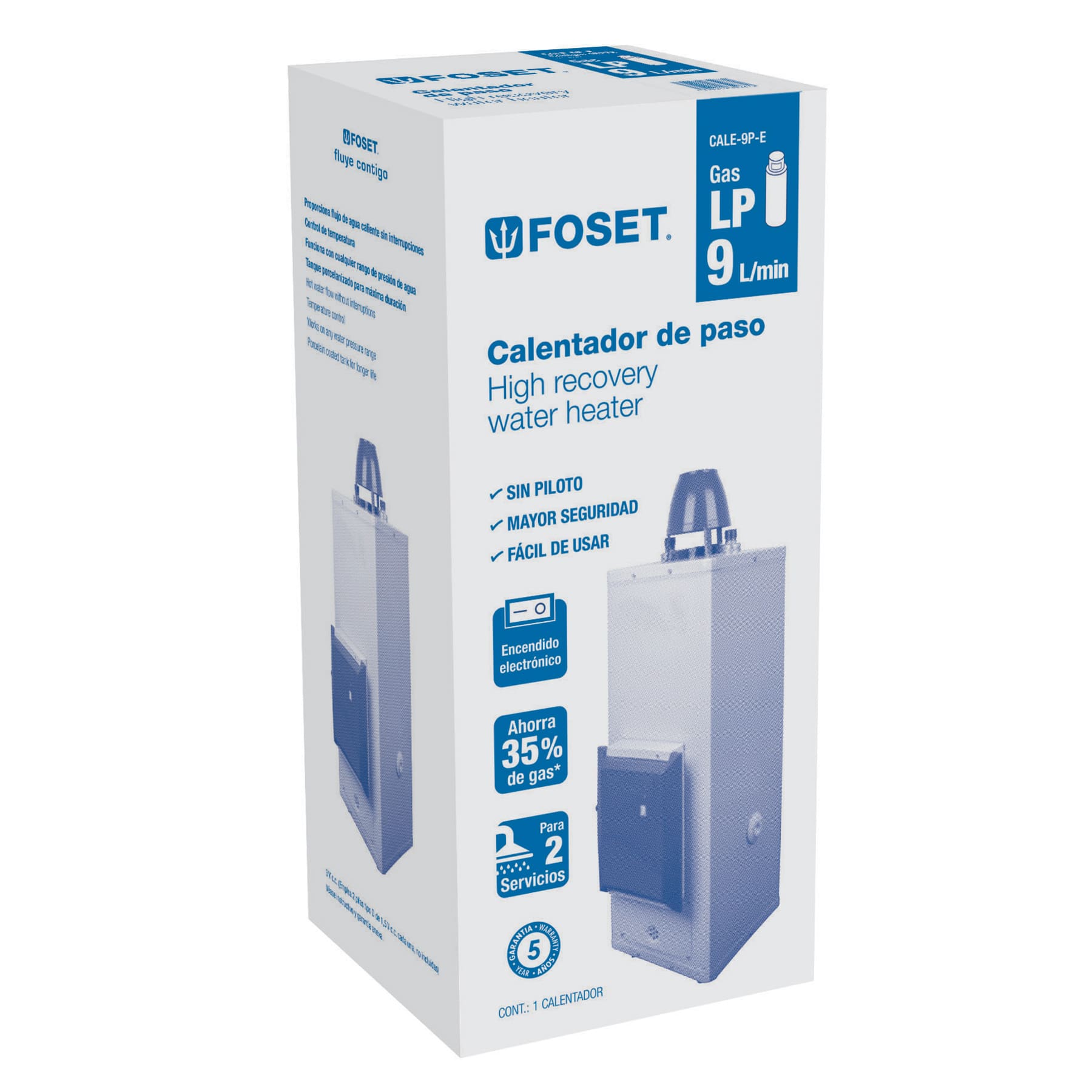 Calentador de paso, electrónico,9L, 2 servicios,gas LP FOSET