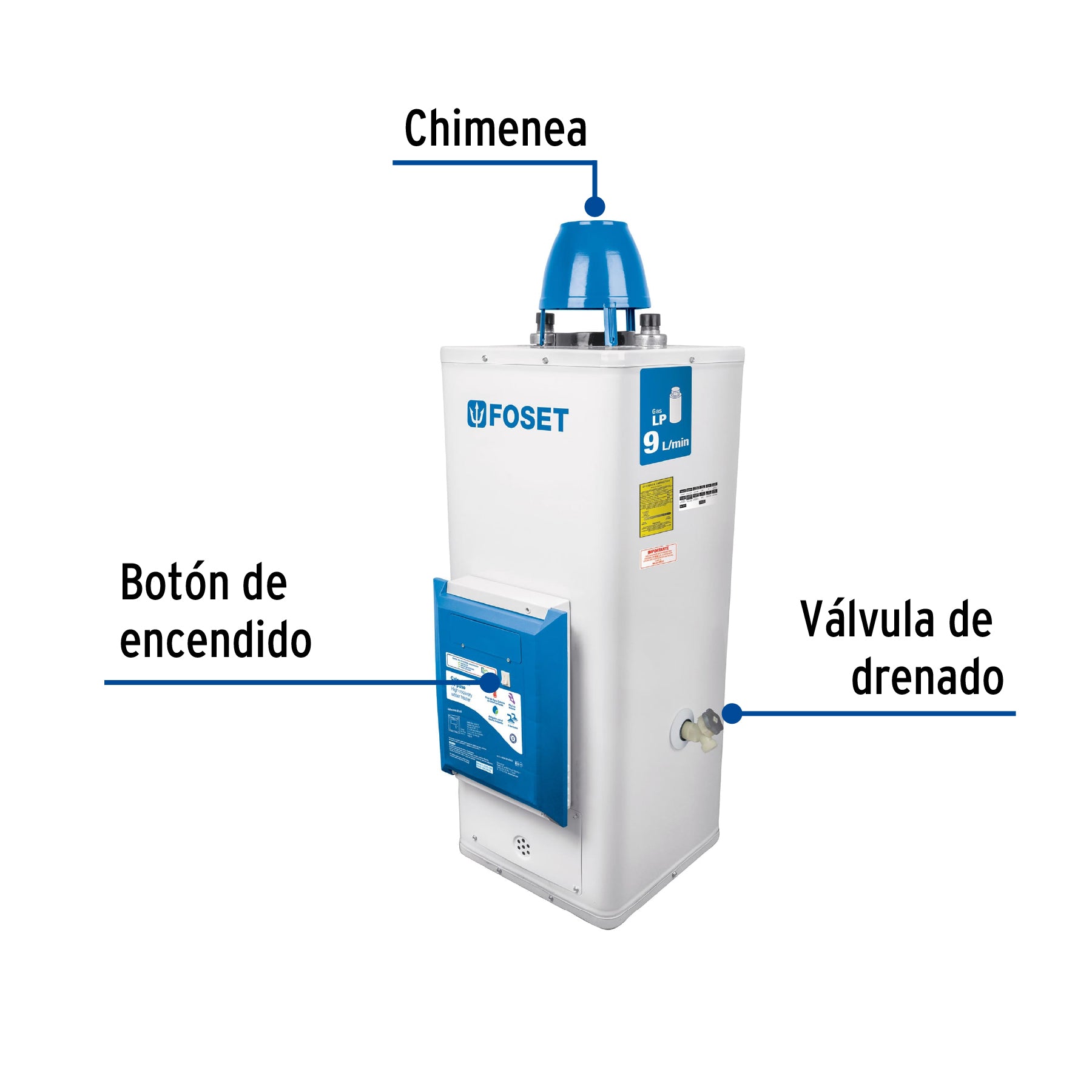 Calentador de paso, electrónico,9L, 2 servicios,gas LP FOSET