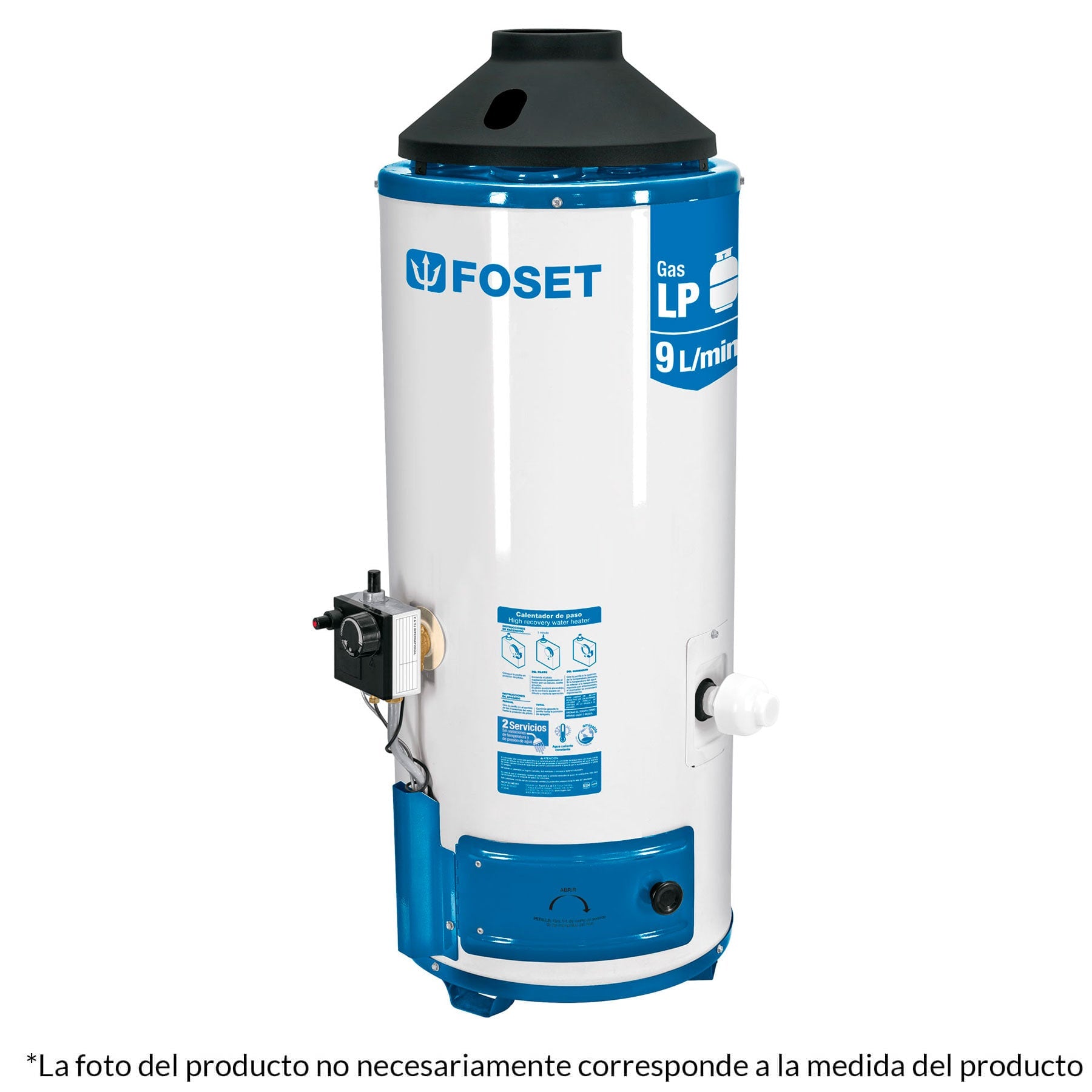 Calentador de paso, rápida recup, 9L, 2 serv, gas nat, FOSET