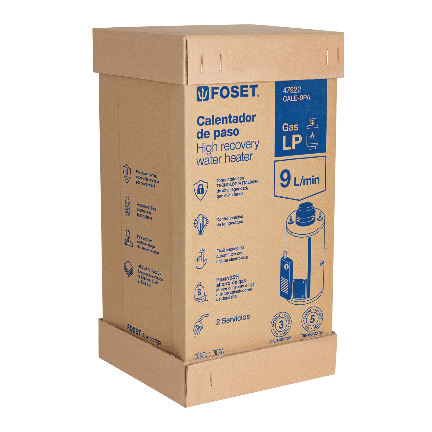 Calentador de paso, rápida recup, 9L, 2 serv, gas LP, FOSET