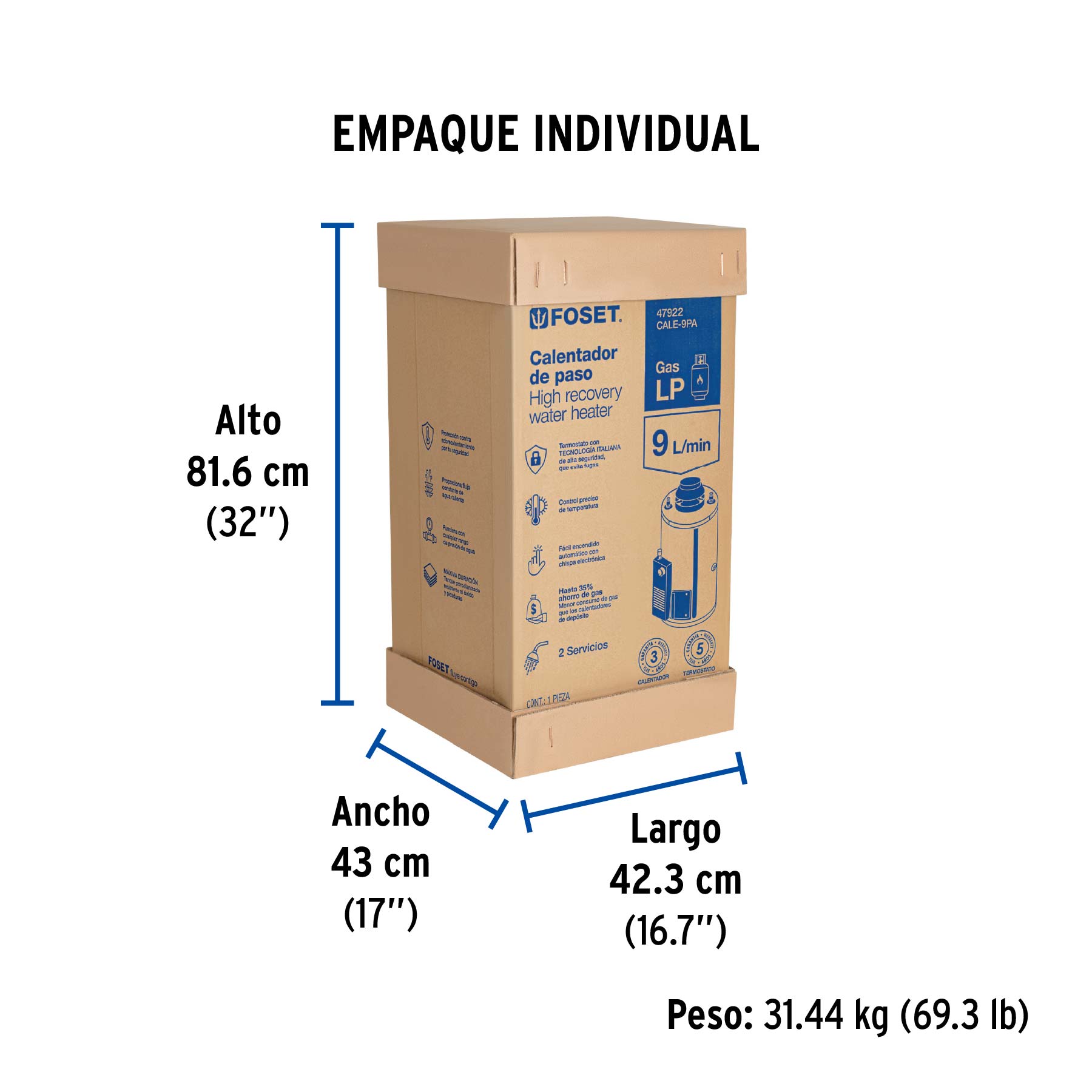 Calentador de paso, rápida recup, 9L, 2 serv, gas LP, FOSET - Empaque