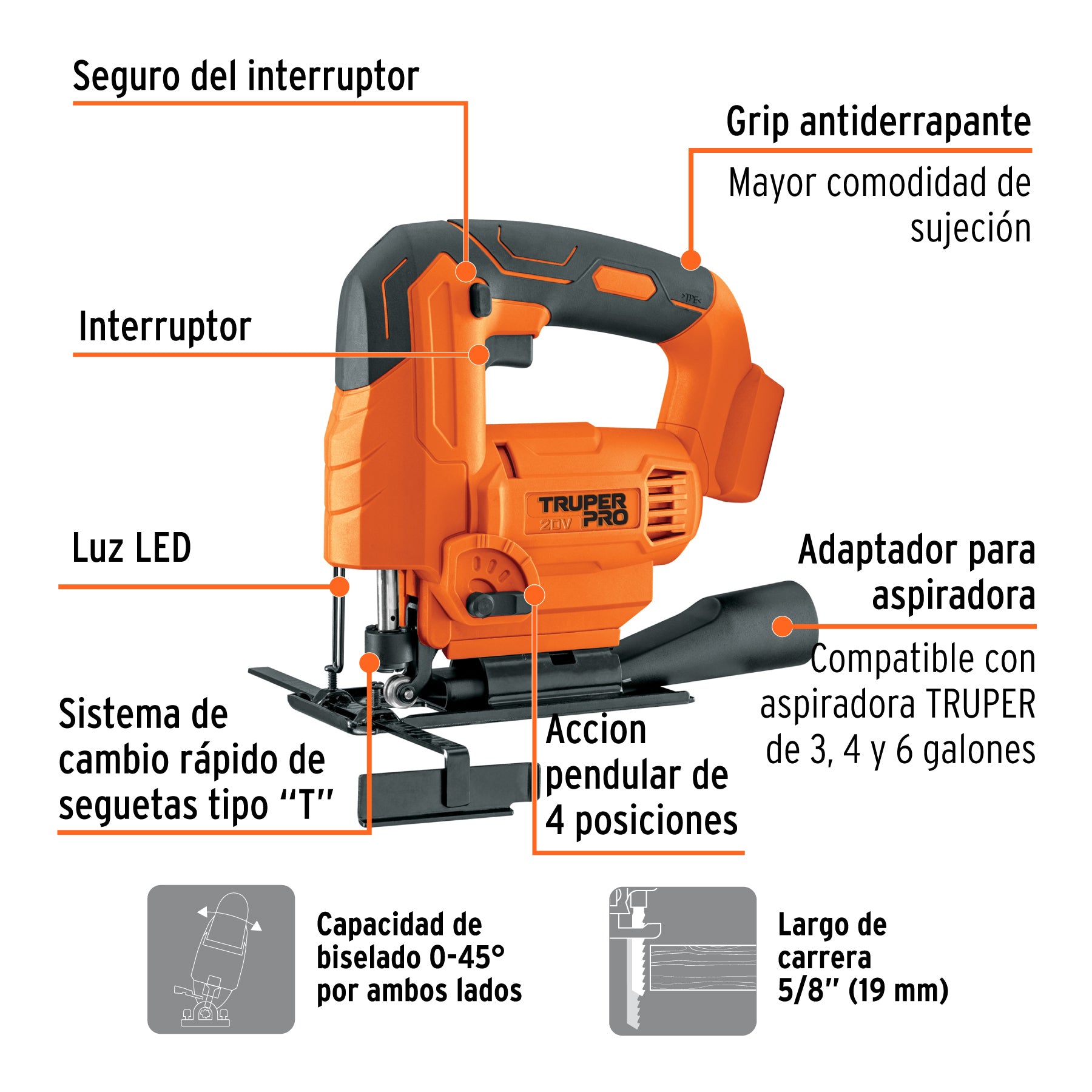 Sierra caladora 20V, sin accesorios, TRUPER PRO
