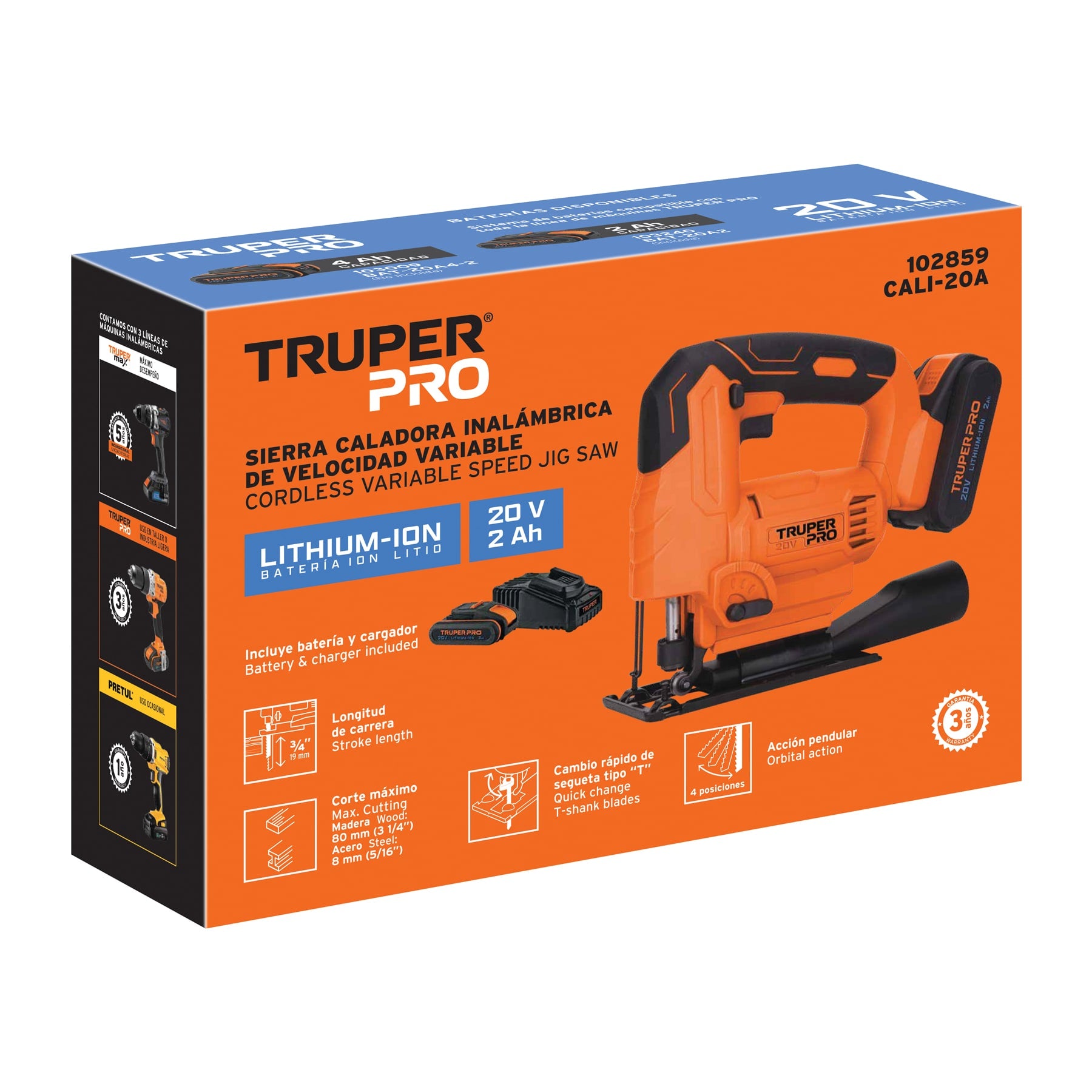 Sierra caladora 20V, 1 batería 2Ah, TRUPER PRO