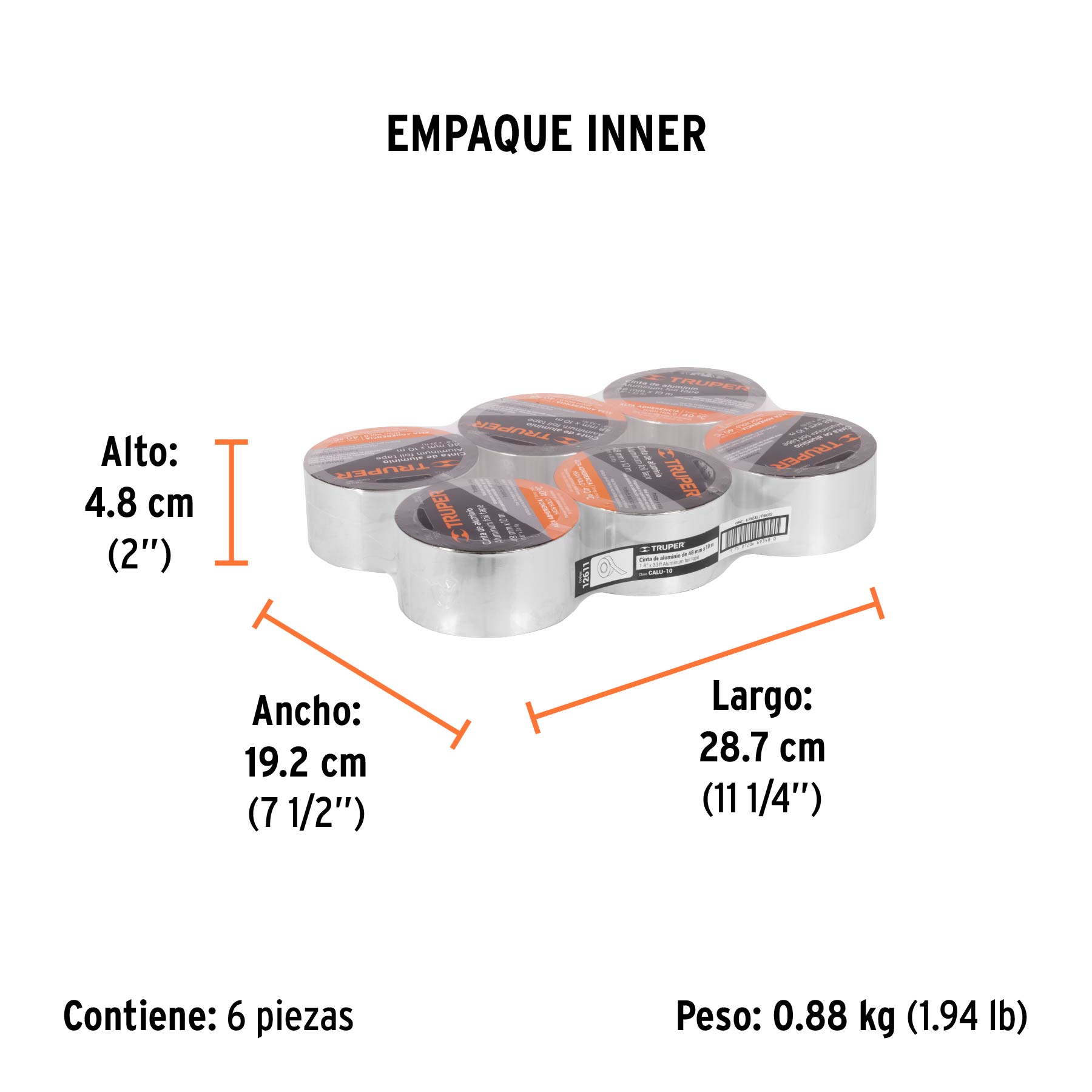 Cinta de aluminio de 48 mm x 10 m, TRUPER - Empaque