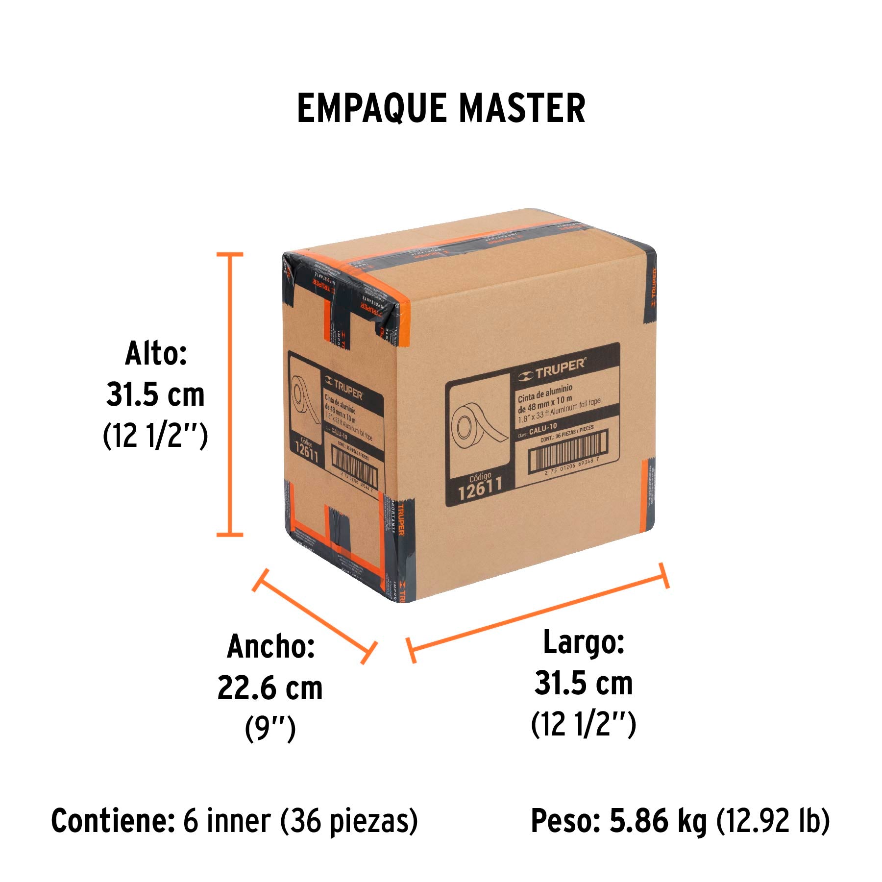 Cinta de aluminio de 48 mm x 10 m, TRUPER - Empaque