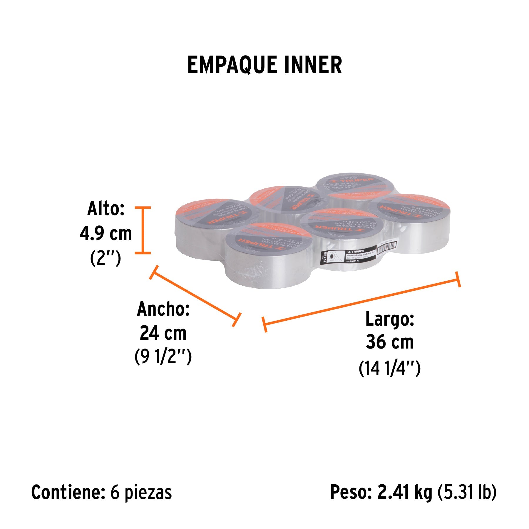 Cinta de aluminio de 48 mm x 30 m, TRUPER - Empaque