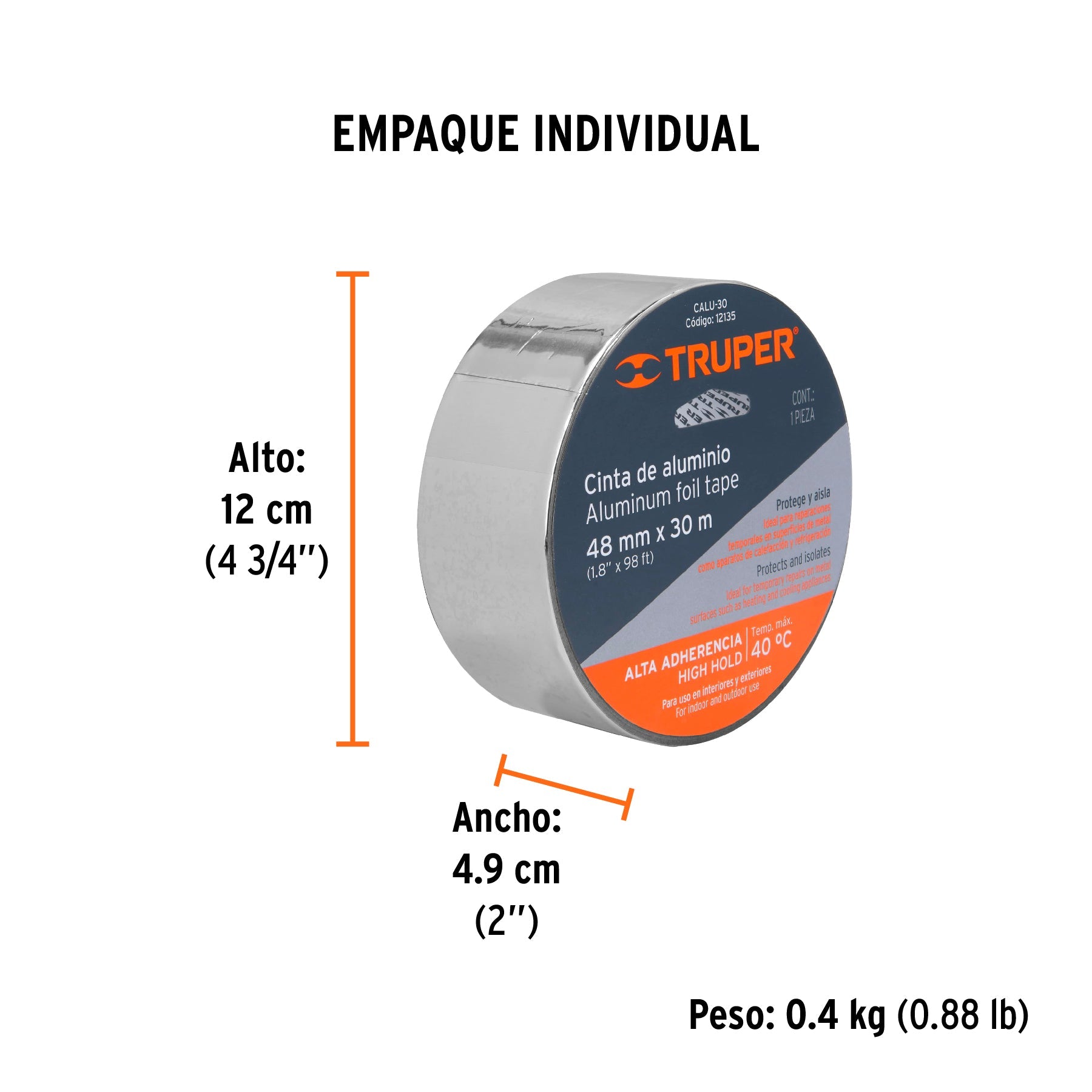 Cinta de aluminio de 48 mm x 30 m, TRUPER - Empaque