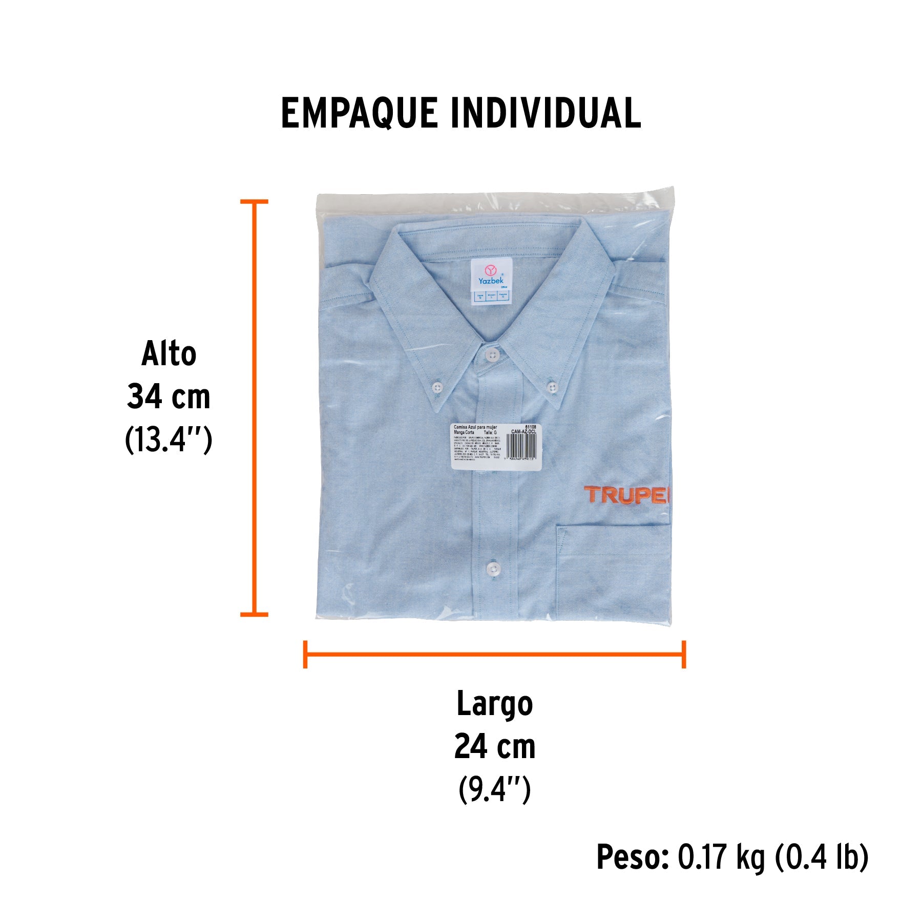 Camisa manga corta para mujer, azul, G, TRUPER - Empaque