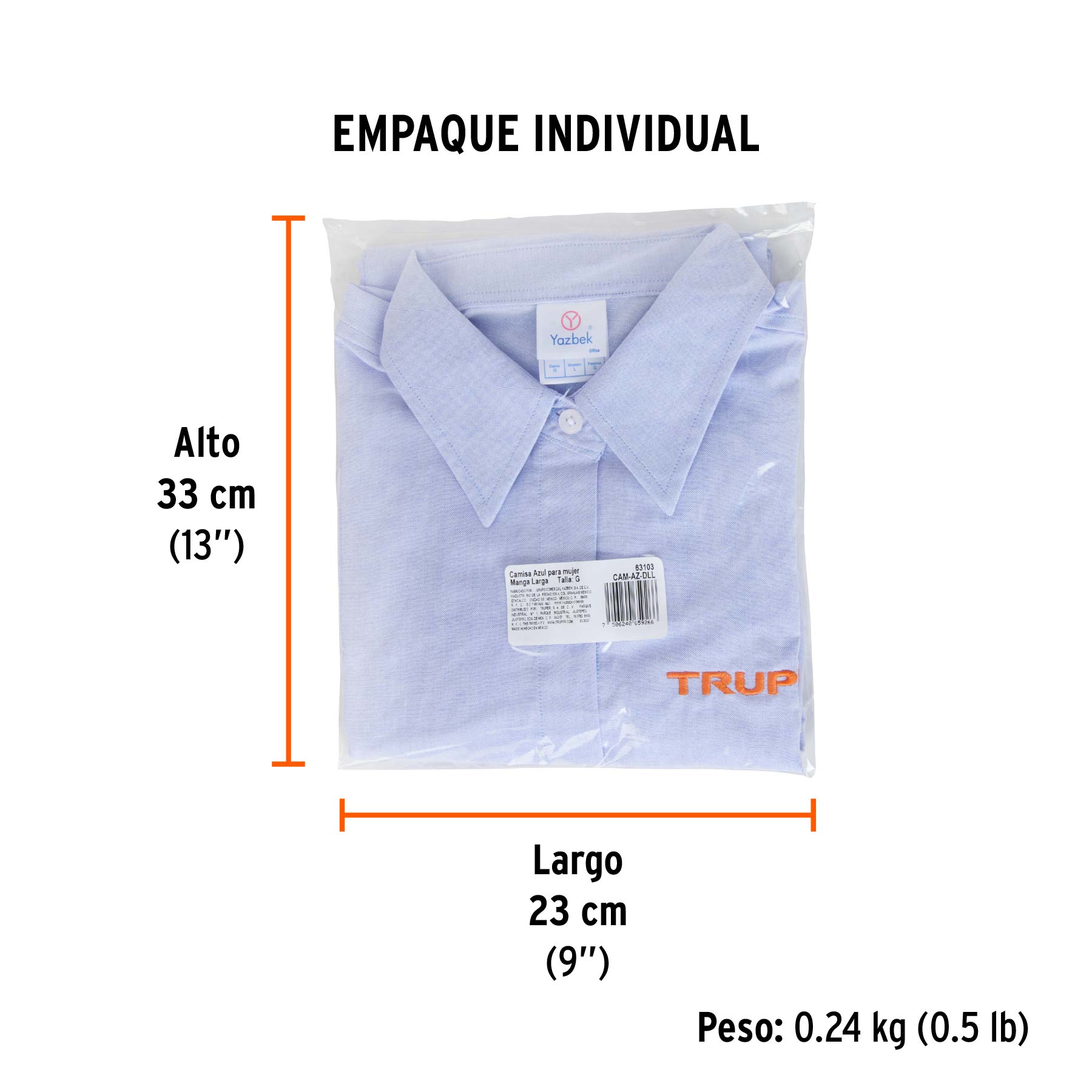 Camisa manga larga para mujer, azul, G, TRUPER - Empaque