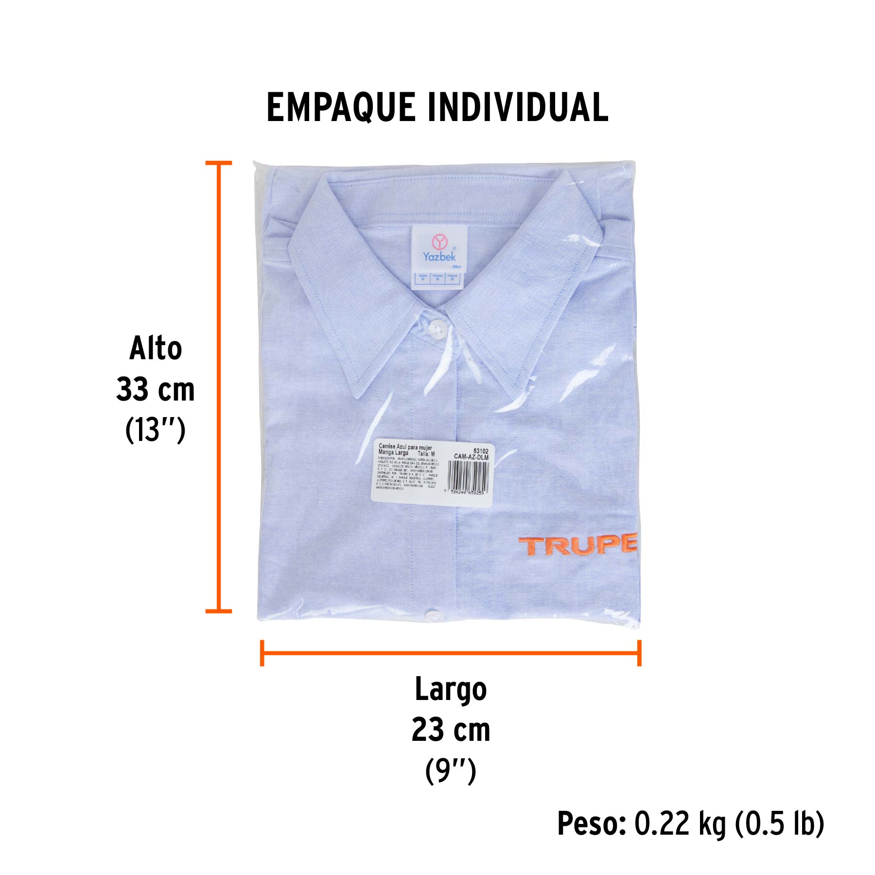 Camisa manga larga para mujer, azul, M, TRUPER - Empaque