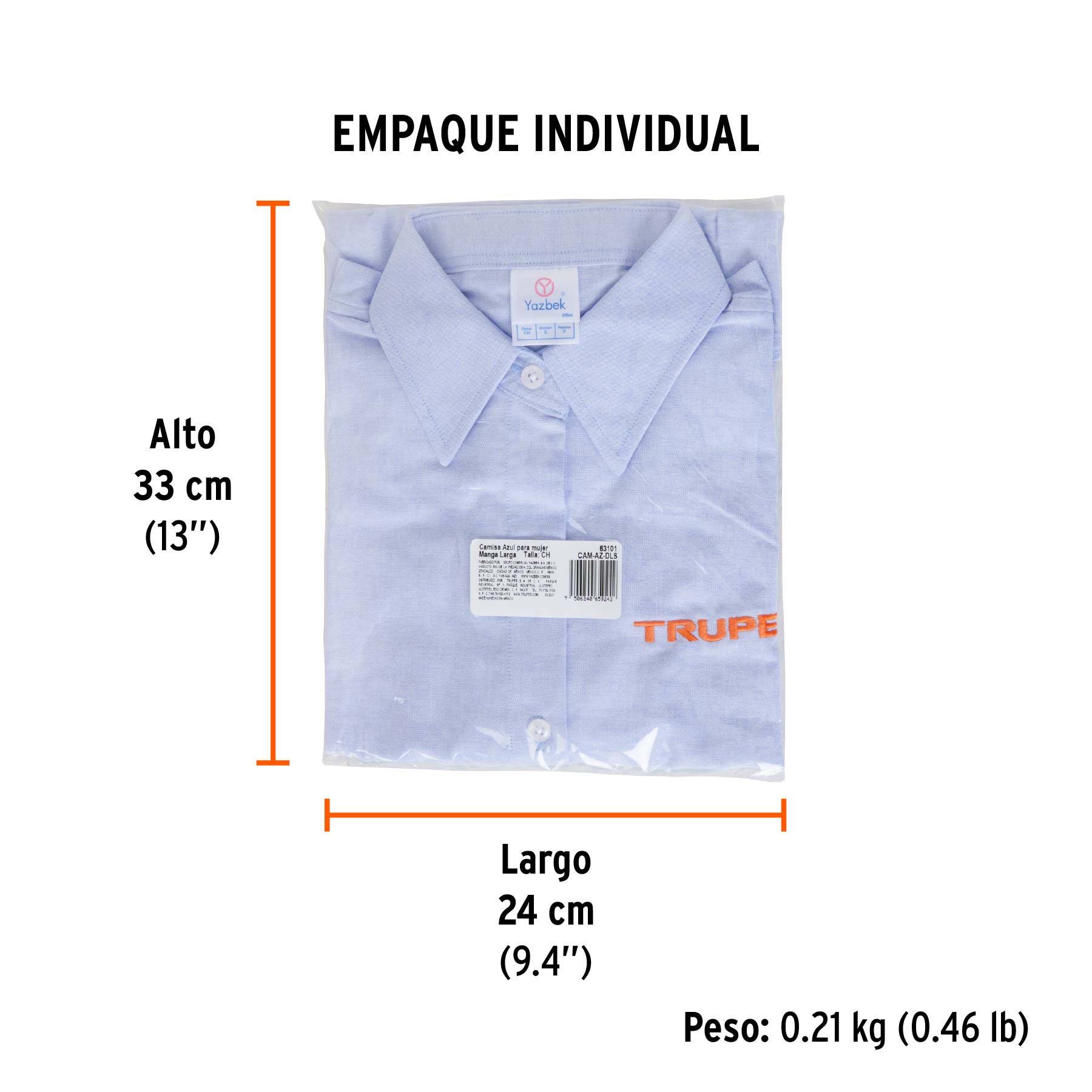 Camisa manga larga para mujer, azul, CH, TRUPER - Empaque