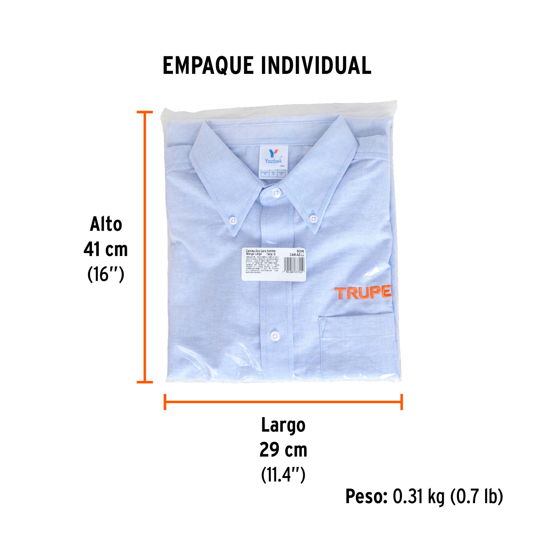 Camisa manga larga para hombre, azul, G, TRUPER - Empaque