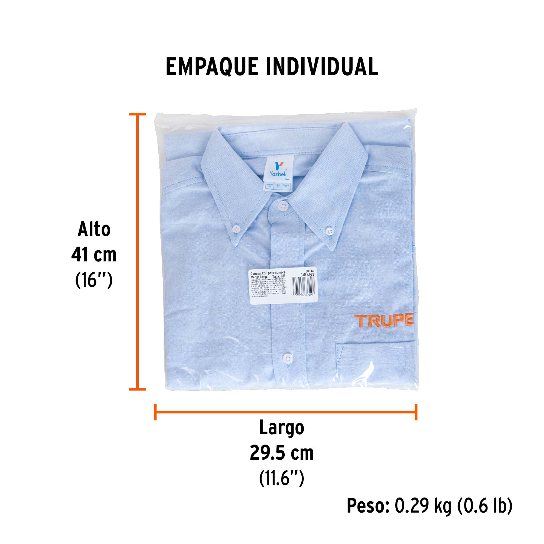 Camisa manga larga para hombre, azul, CH, TRUPER - Empaque