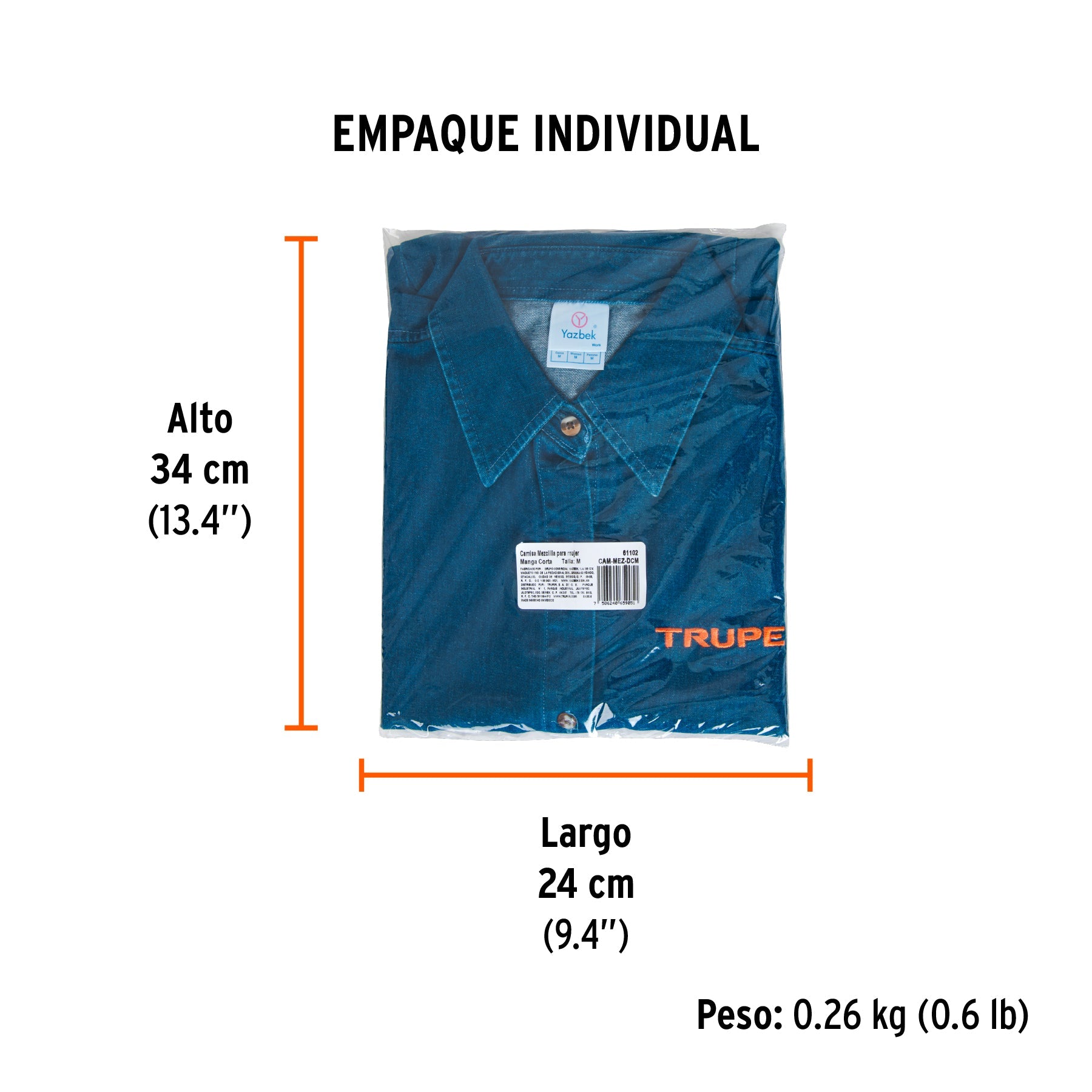 Camisa de mezclilla manga corta para mujer, M, TRUPER - Empaque