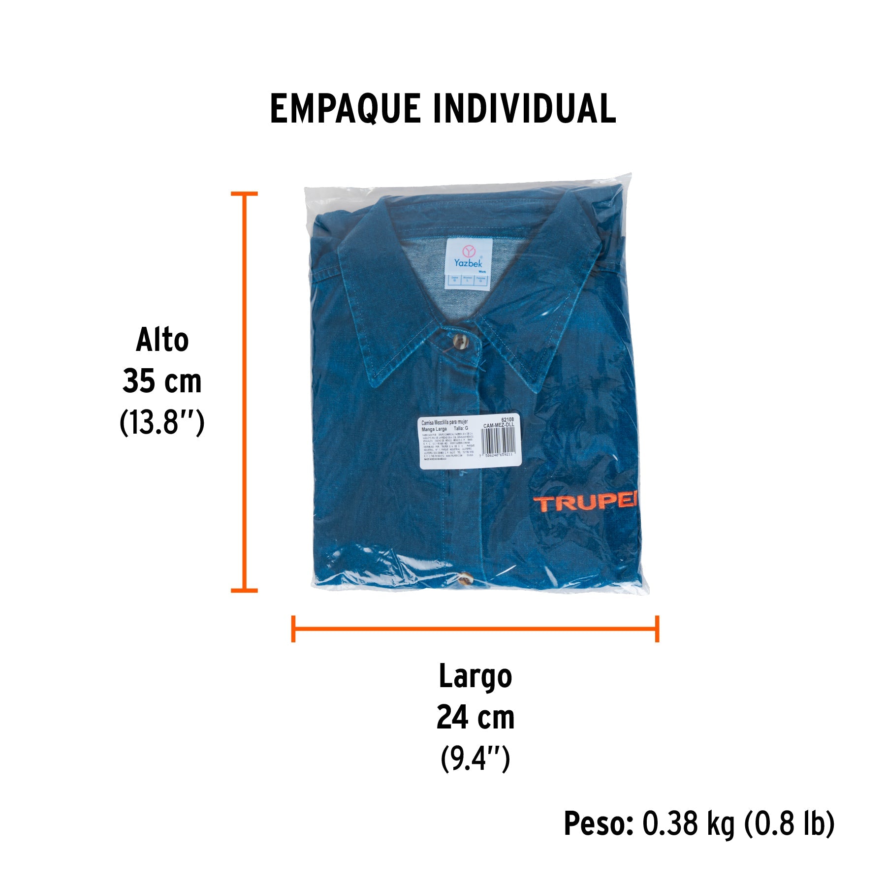 Camisa de mezclilla manga larga para mujer, G, TRUPER - Empaque