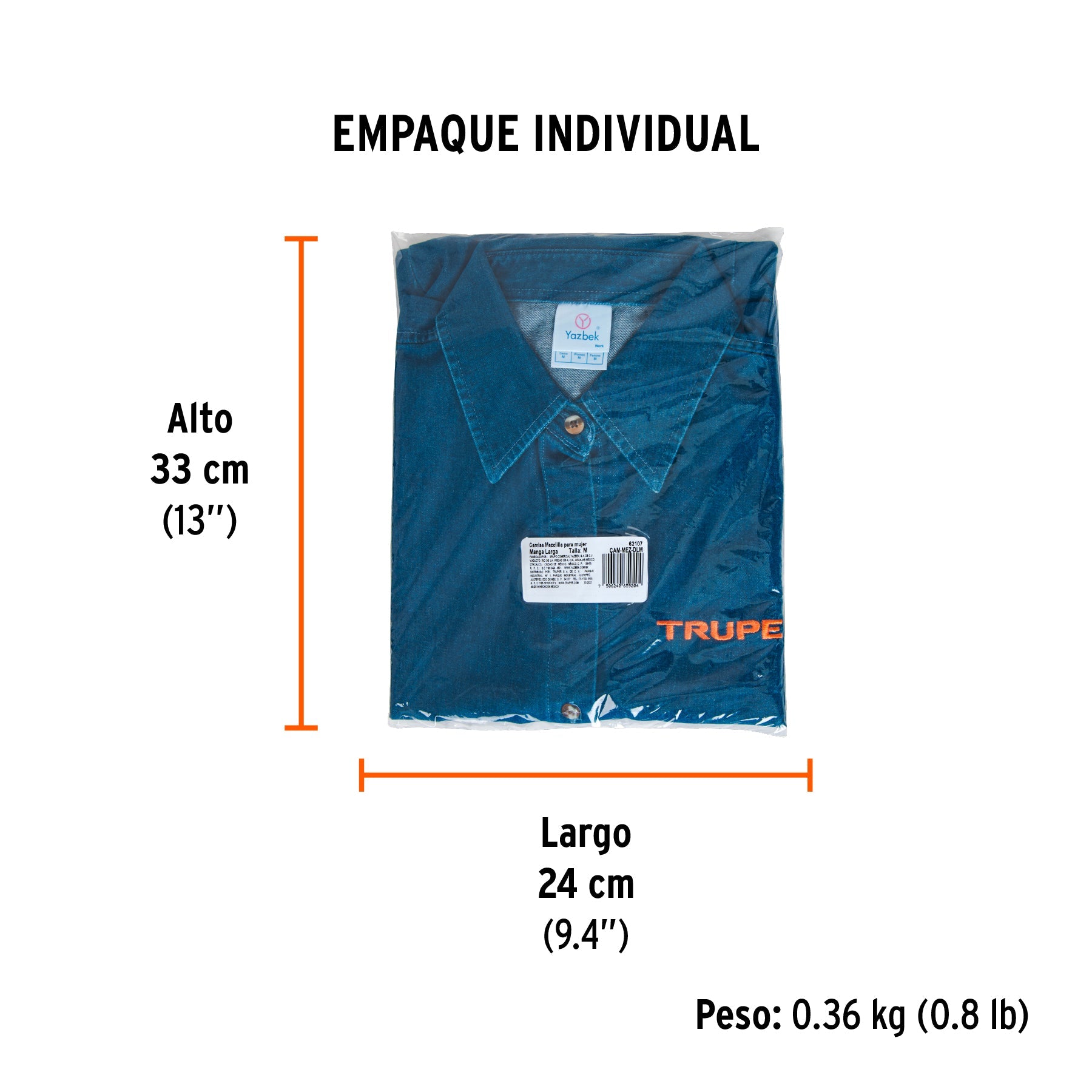 Camisa de mezclilla manga larga para mujer, M, TRUPER - Empaque