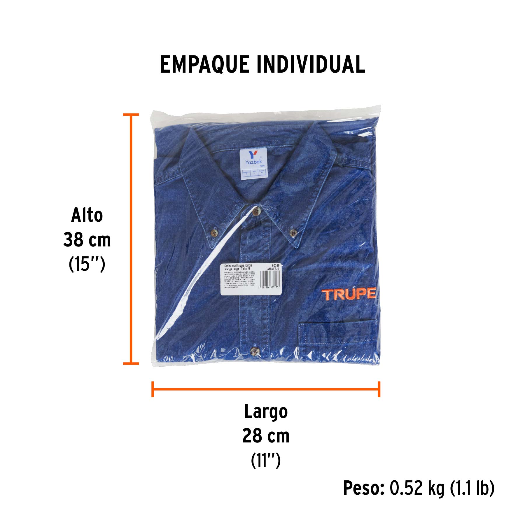 Camisa de mezclilla manga larga para hombre, G, TRUPER - Empaque