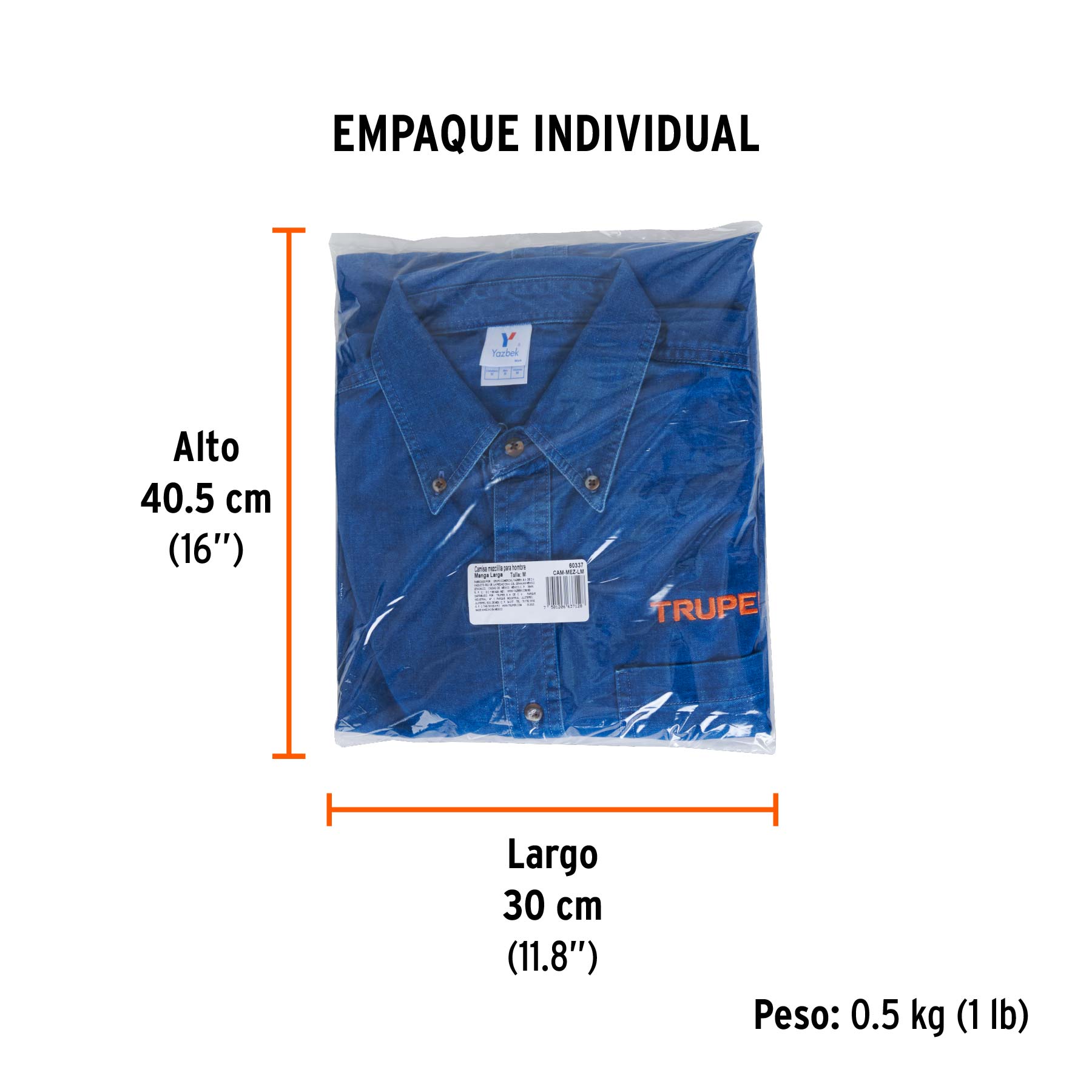 Camisa de mezclilla manga larga para hombre, M, TRUPER - Empaque