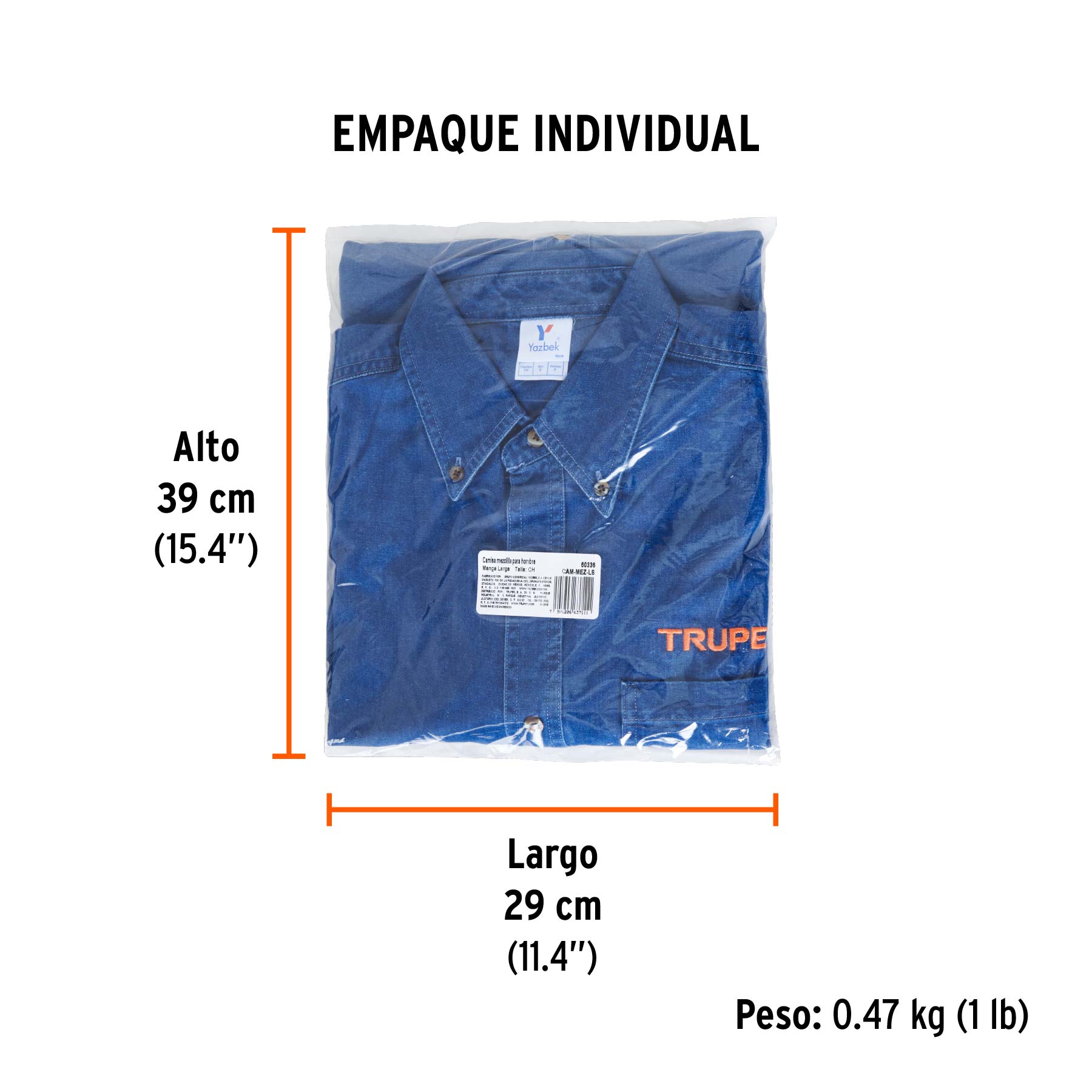Camisa de mezclilla manga larga para hombre, CH, TRUPER - Empaque