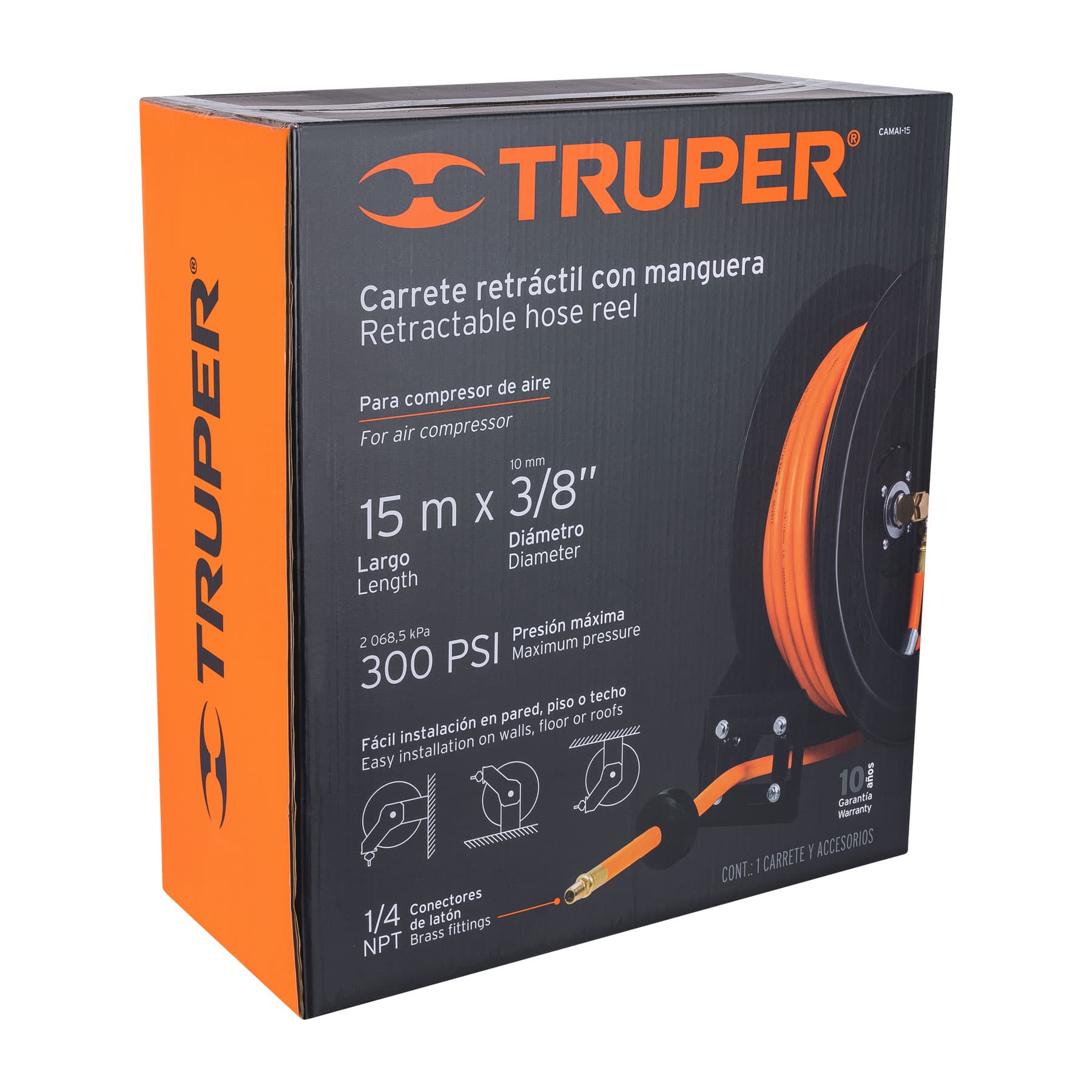 Manguera para compresor,de hule,15m x 3/8",carrete retráctil