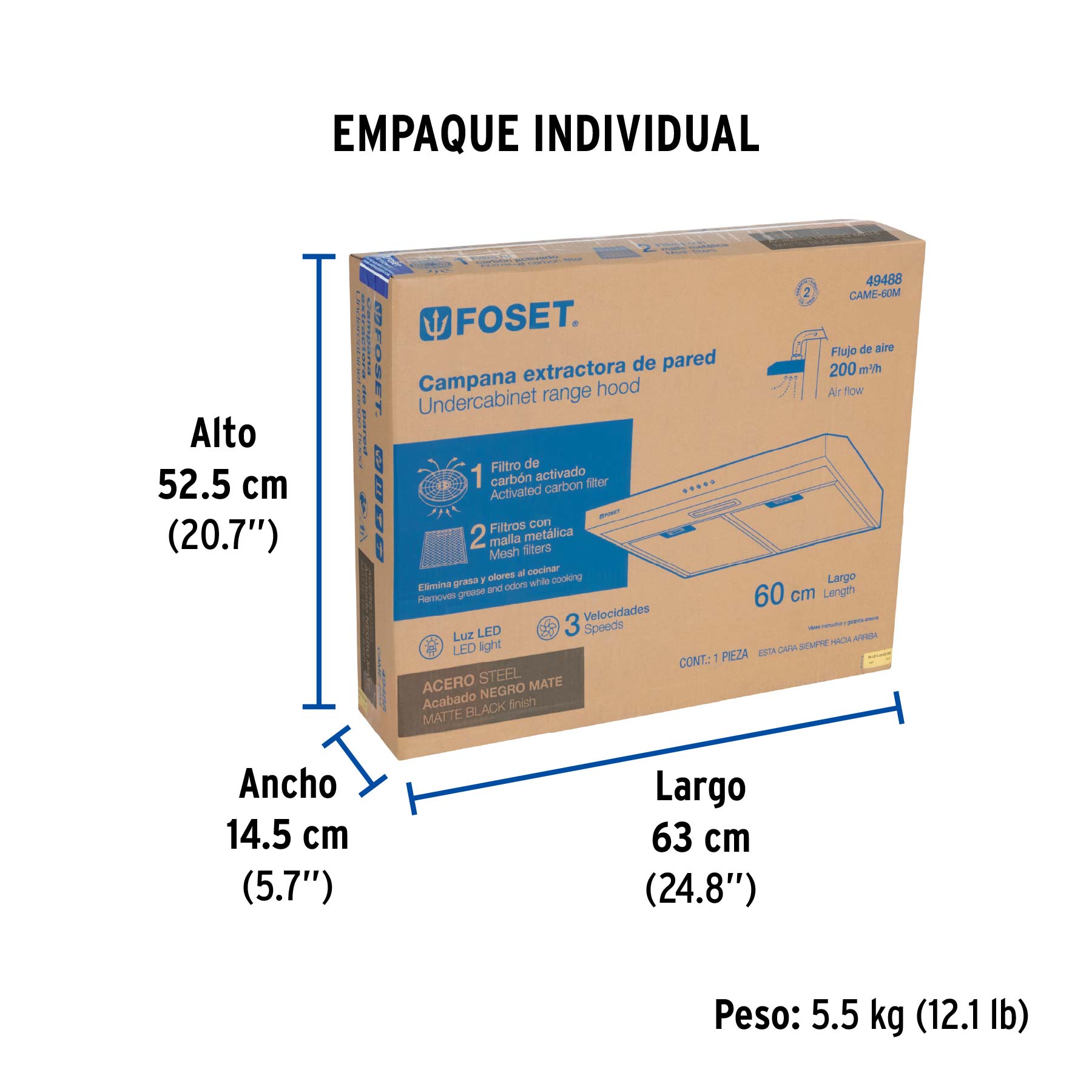 Campana extractora 60 cm, empotrable, negra, FOSET - Empaque