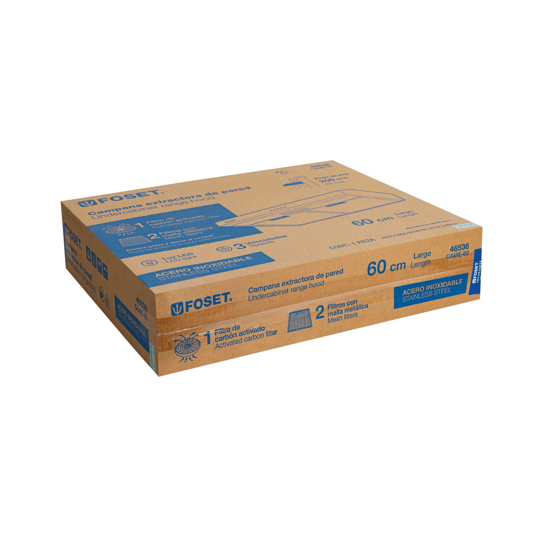 Campana extractora 60cm, empotrable, acero inoxidable, FOSET