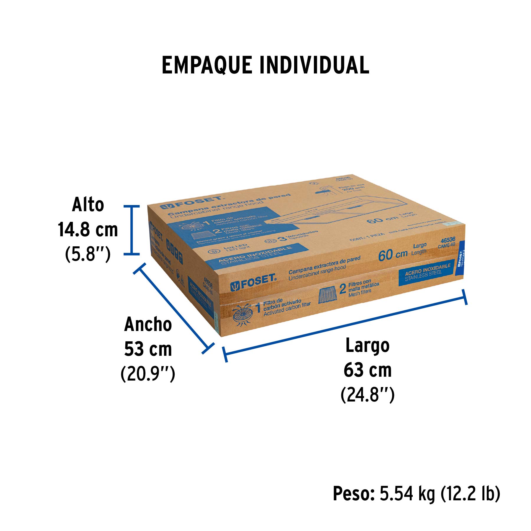 Campana extractora 60cm, empotrable, acero inoxidable, FOSET - Empaque