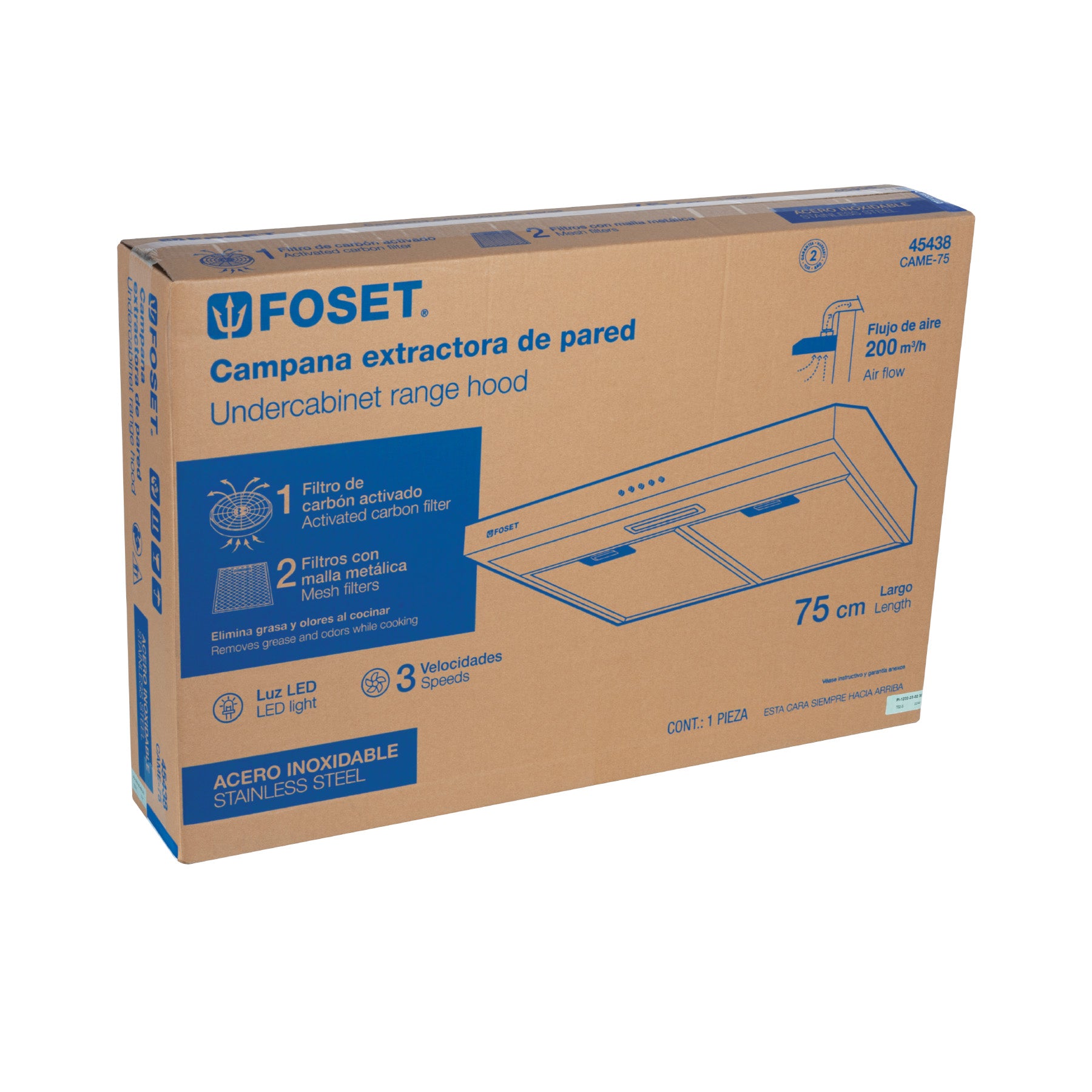 Campana extractora 75cm, empotrable, acero inoxidable, FOSET