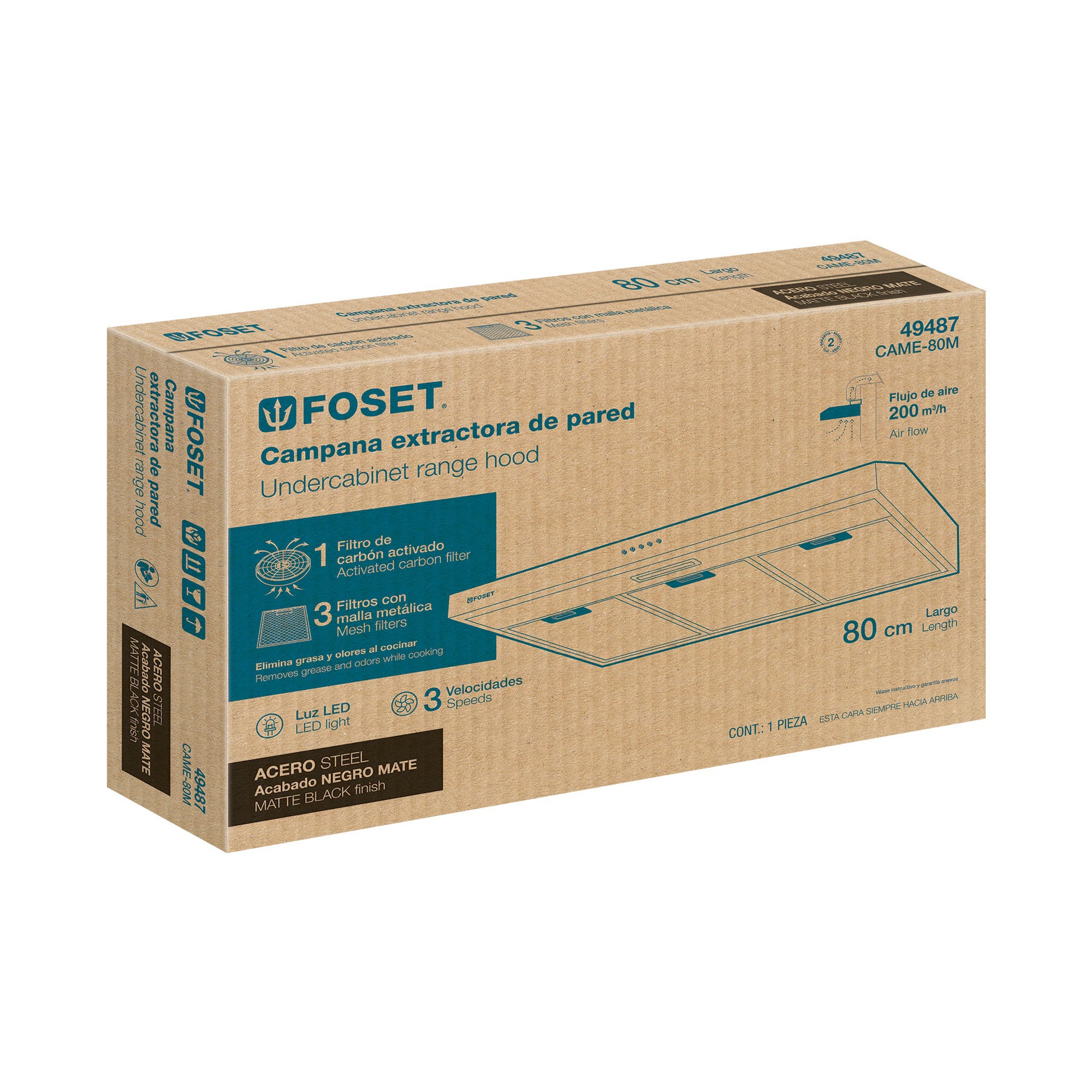 Campana extractora 80cm, empotrable, acero inoxidable, FOSET