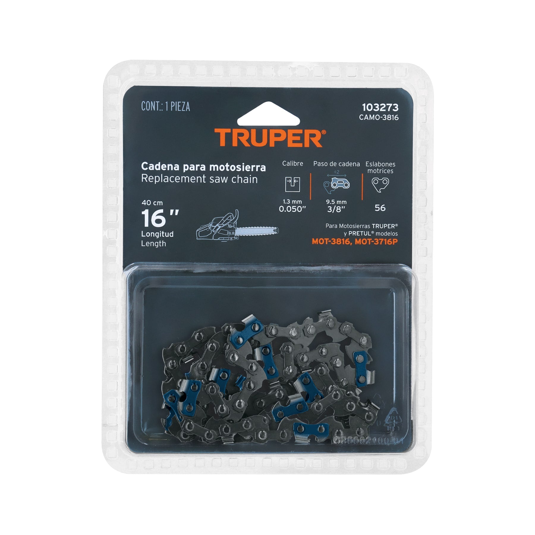 Cadena repuesto 16" para motosierra gasolina 38cc, TRUPER