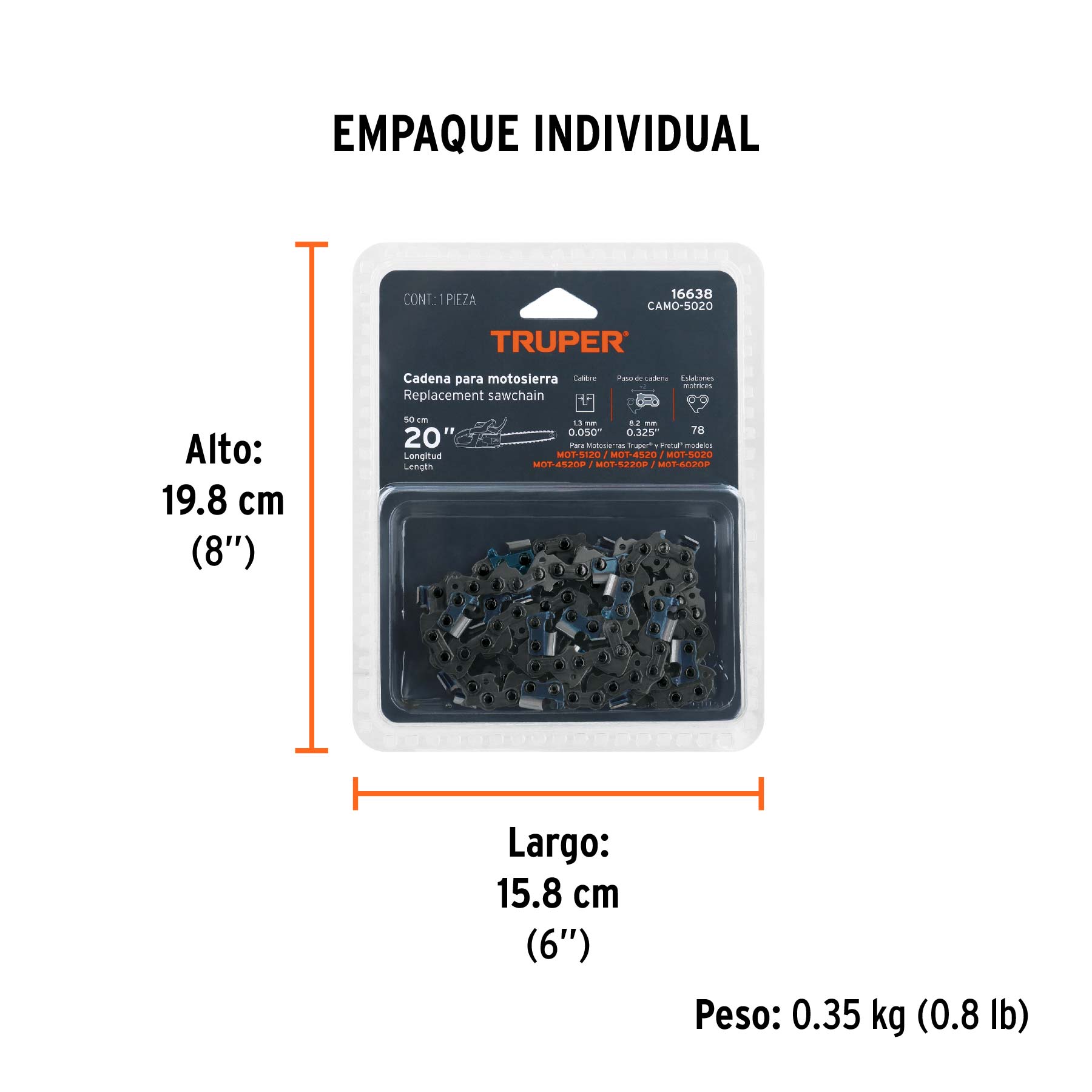 Cadena repuesto 20" para motosierra a gasolina 50cc, TRUPER - Empaque