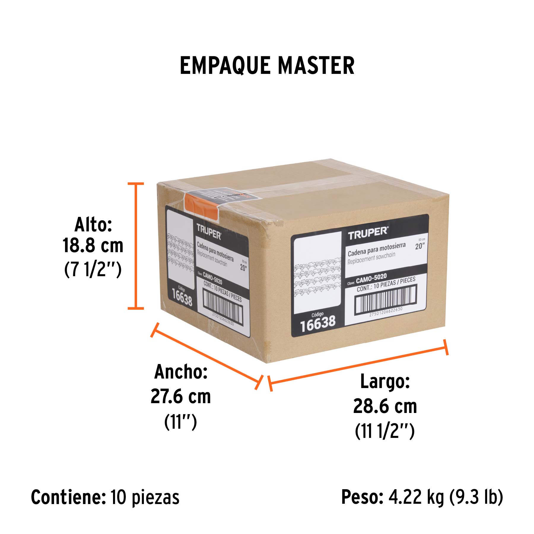 Cadena repuesto 20" para motosierra a gasolina 50cc, TRUPER - Empaque