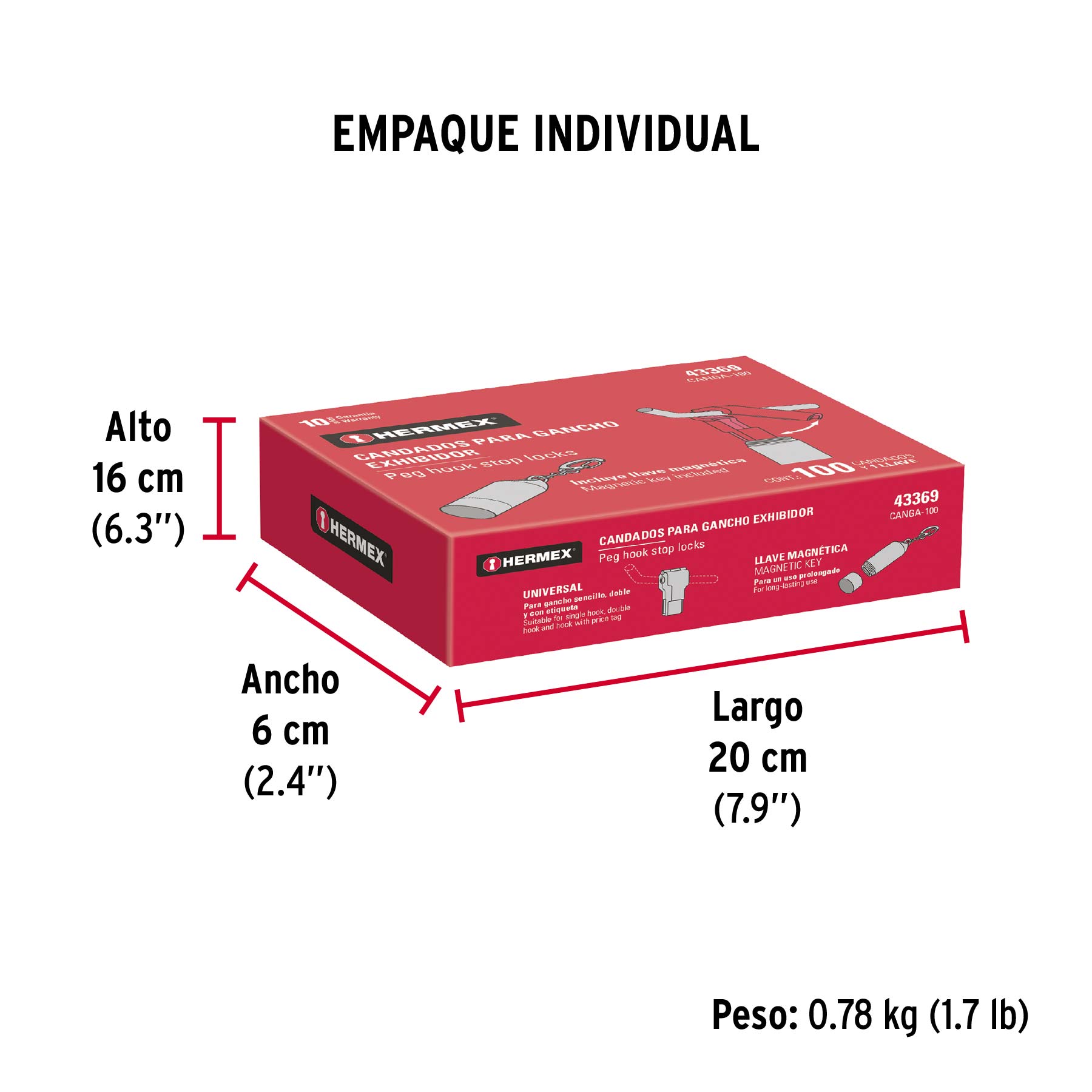 Caja con 100 candados para gancho y 1 llave magnética - Empaque