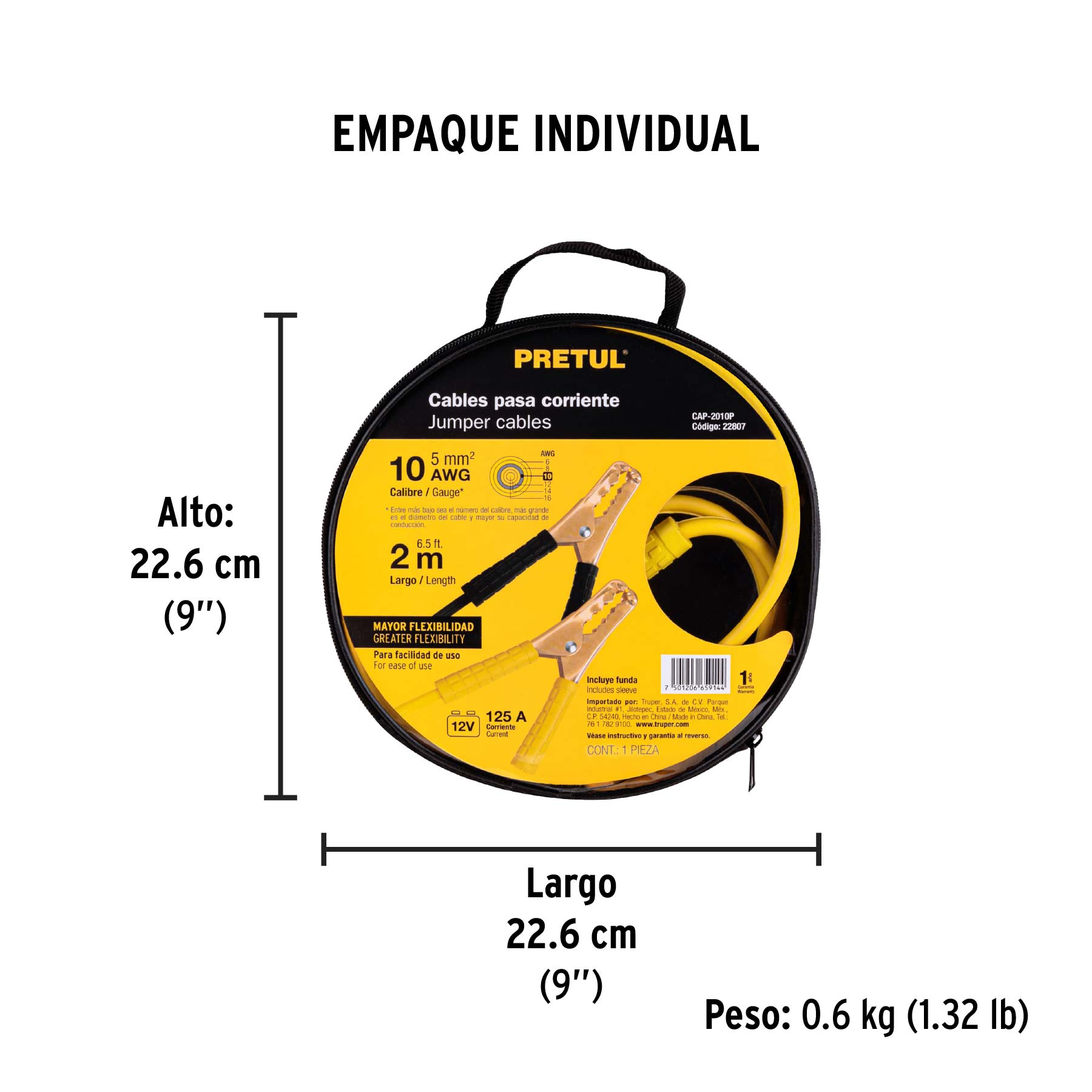 Cables pasa corriente 2 m, 125 A, 10 AWG, PRETUL - Empaque