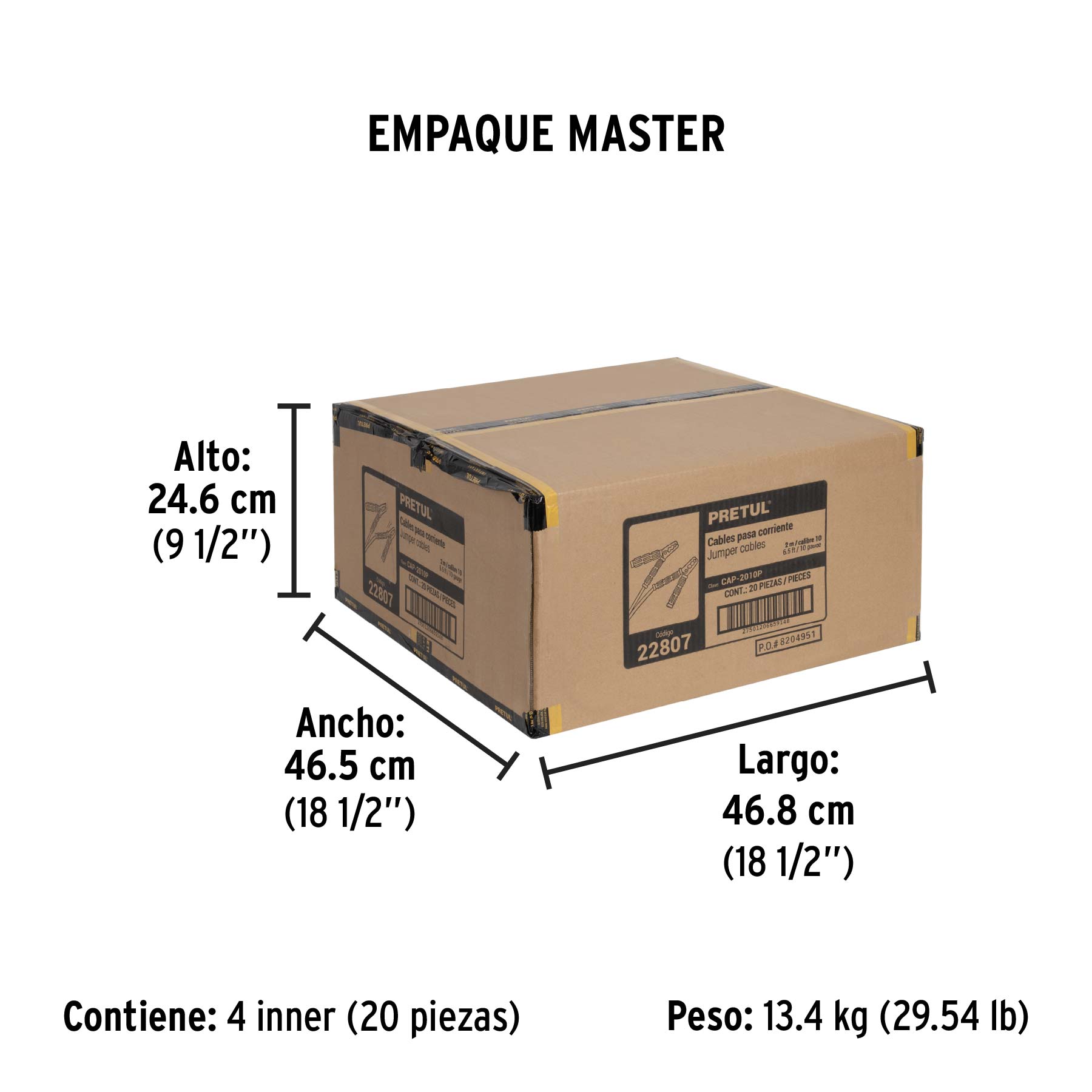 Cables pasa corriente 2 m, 125 A, 10 AWG, PRETUL - Empaque
