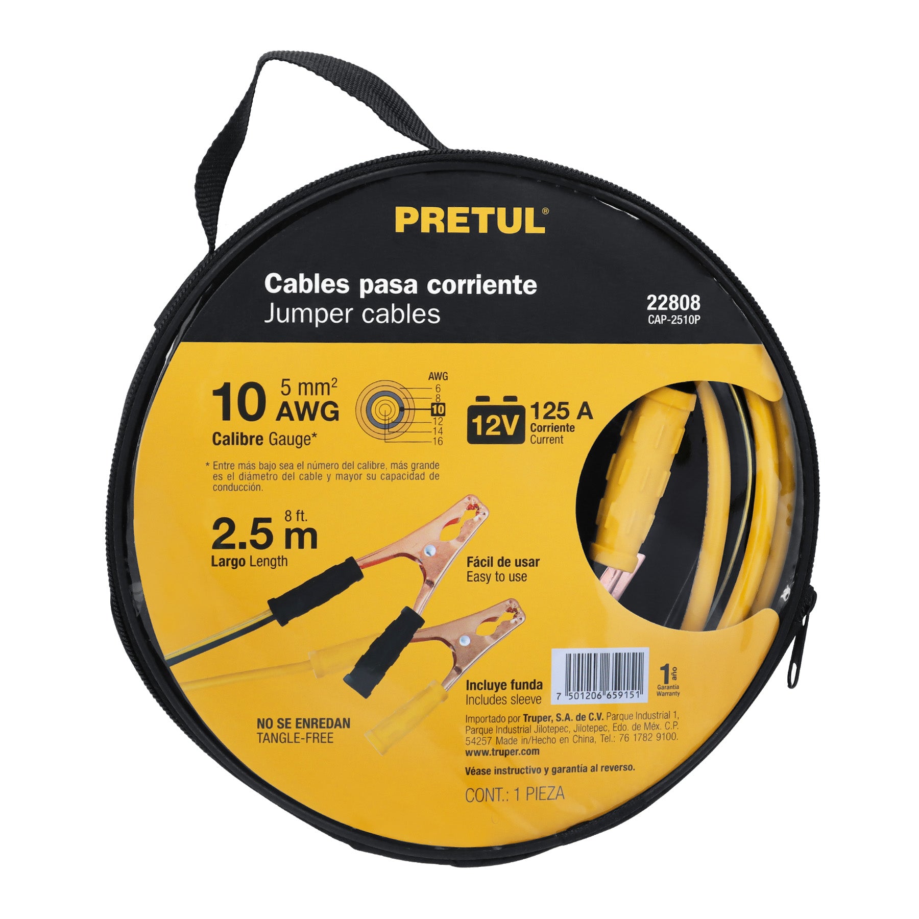 Cables pasa corriente 2.5m, 125 A, 10 AWG, con funda, PRETUL