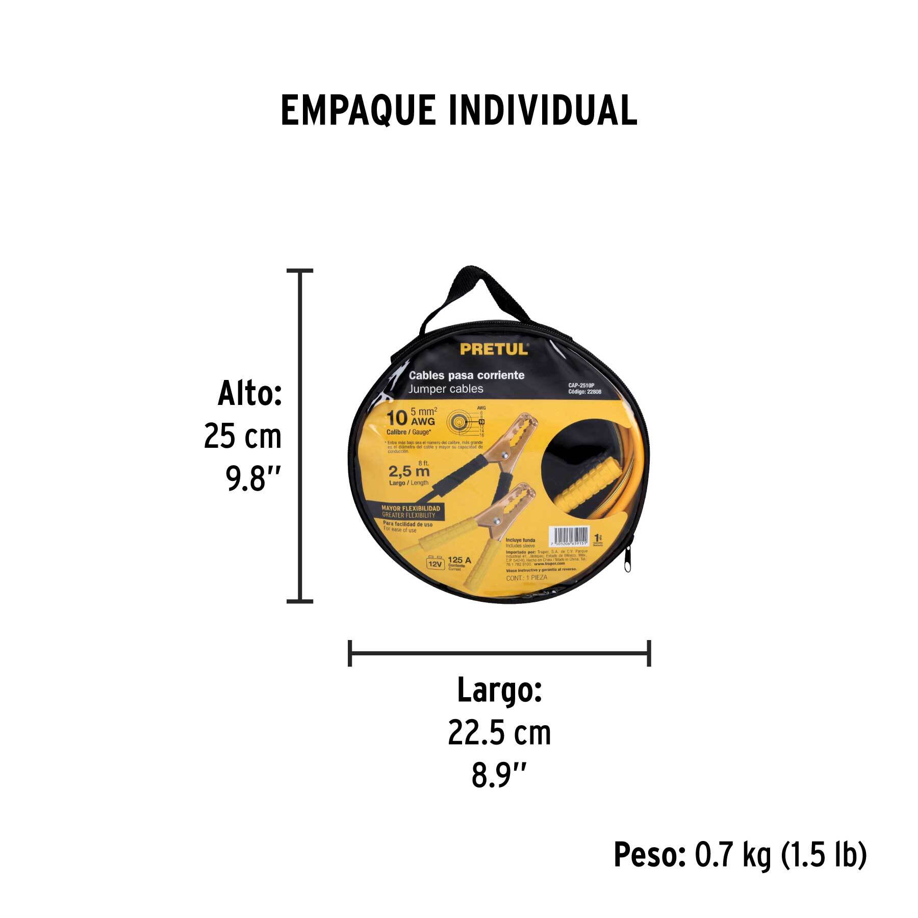 Cables pasa corriente 2.5m, 125 A, 10 AWG, con funda, PRETUL - Empaque