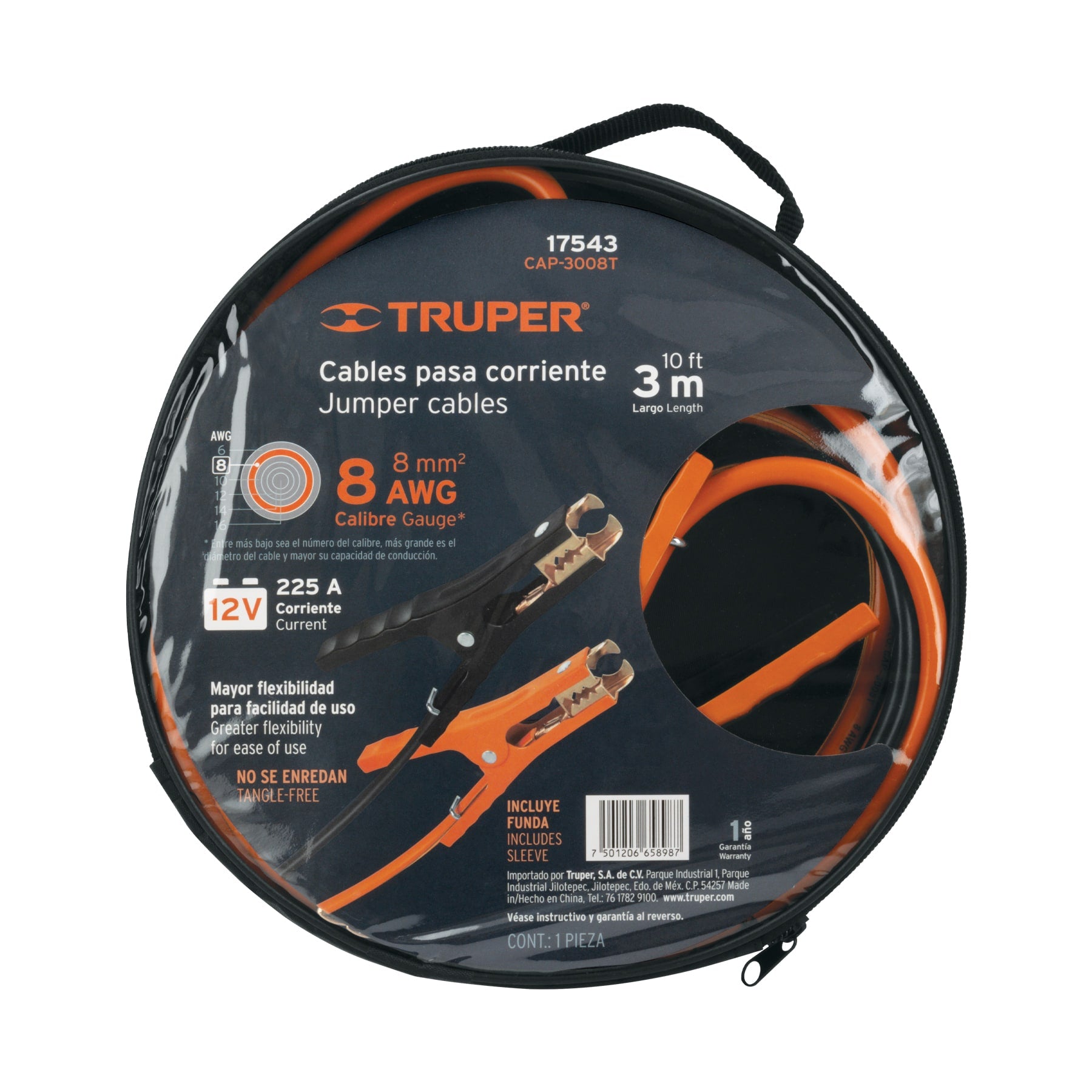 Cables pasa corriente 3 m, 225 A, 8 AWG, con funda, TRUPER