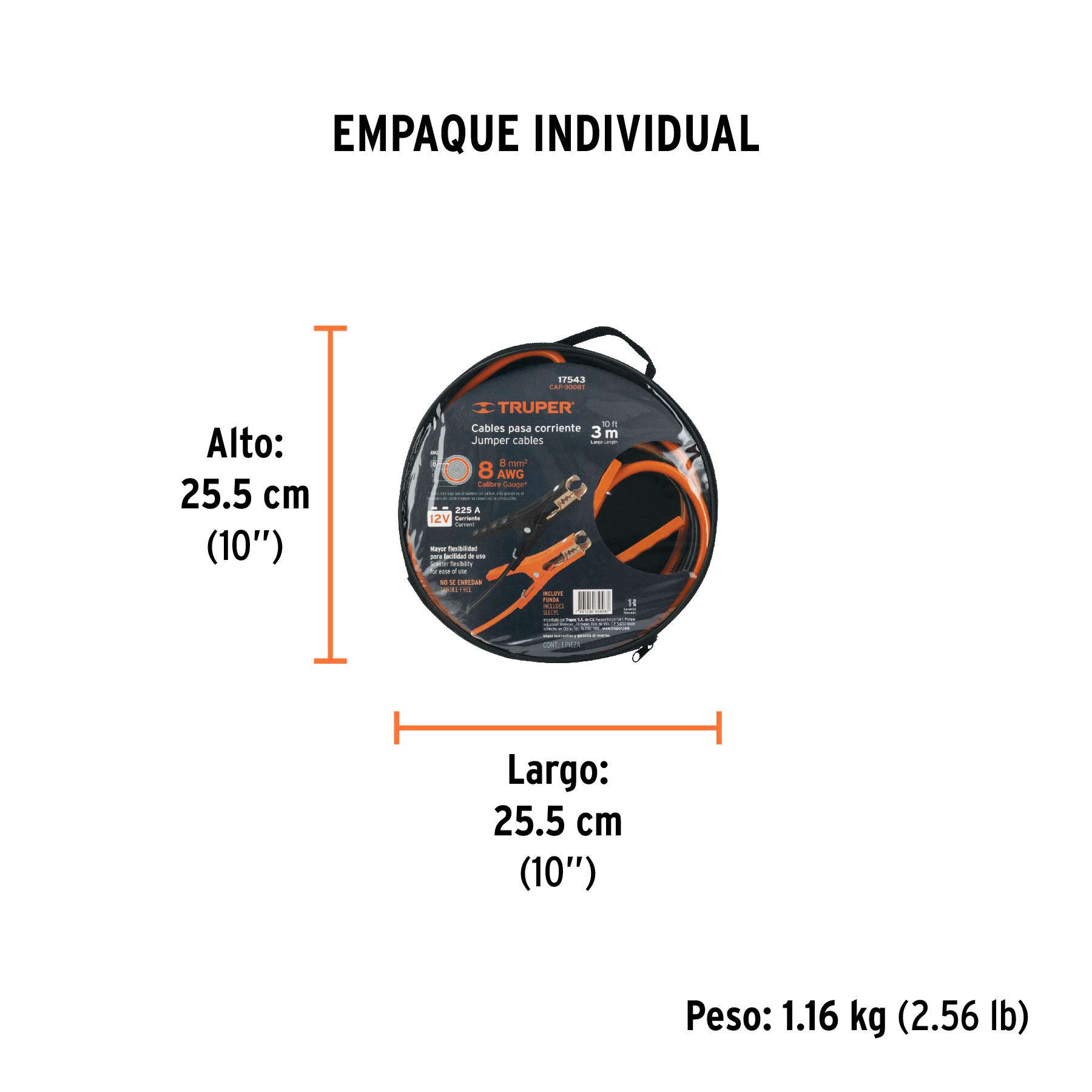 Cables pasa corriente 3 m, 225 A, 8 AWG, con funda, TRUPER - Empaque