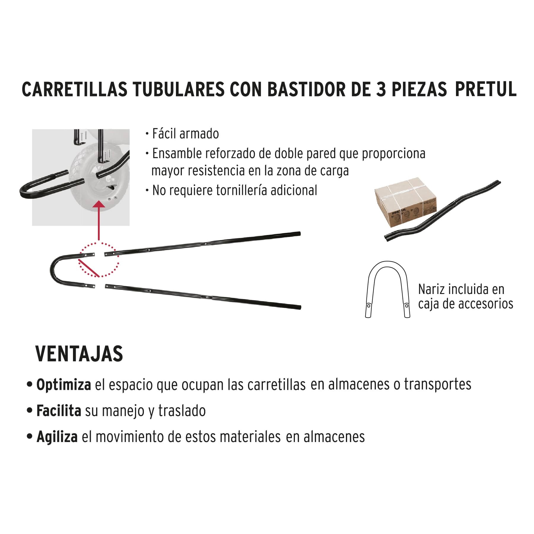 Carretilla 3.5 ft3 roja, angosta ,neumática, tubular, PRETUL