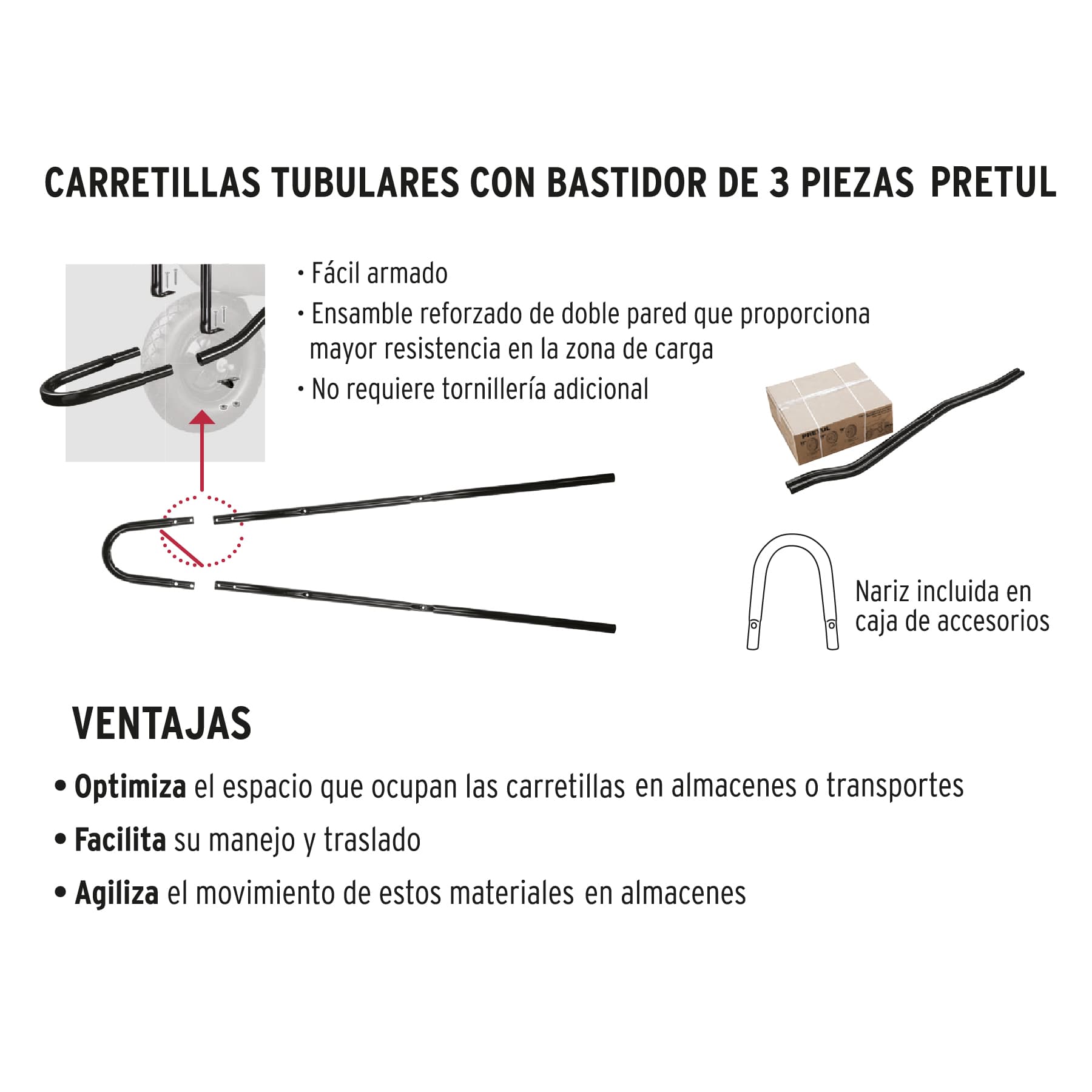 Carretilla 4 ft3 roja, neumática, bastidor tubular, PRETUL